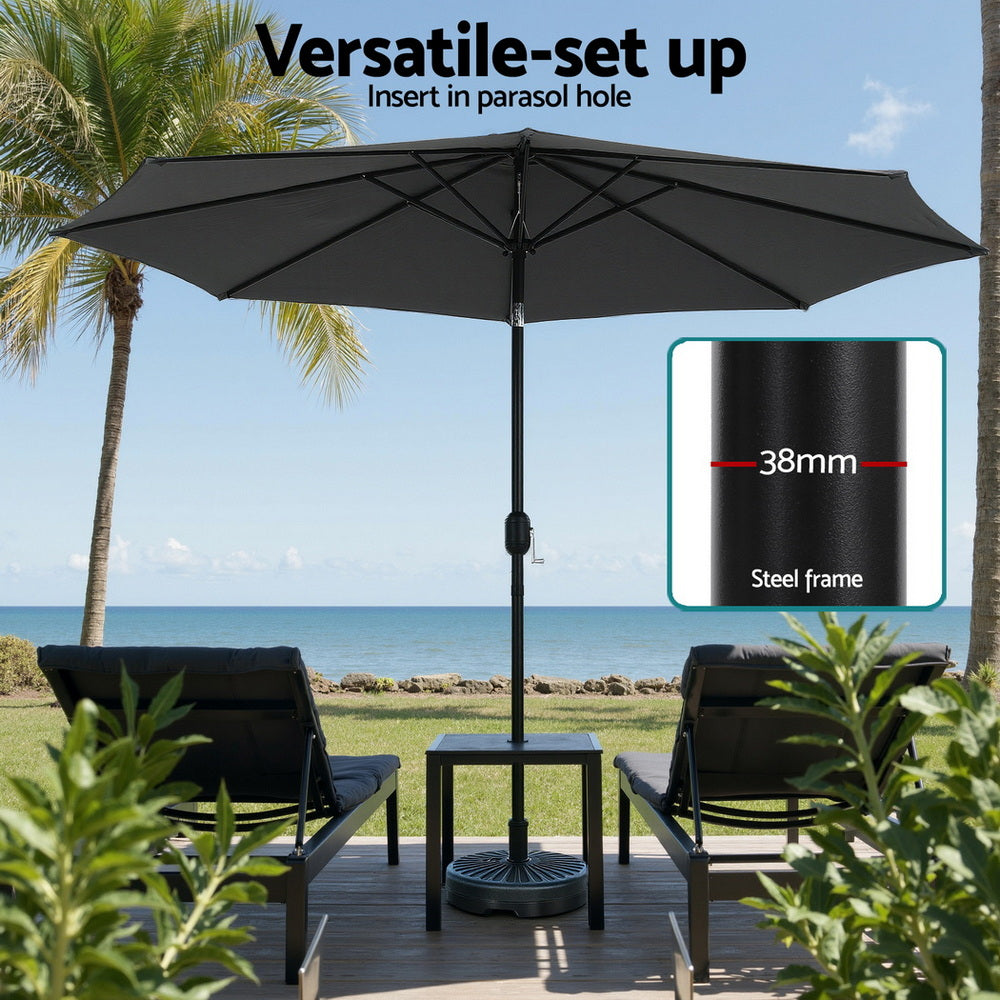 Charcoal market umbrella with LED lights under canopy and tilt pole