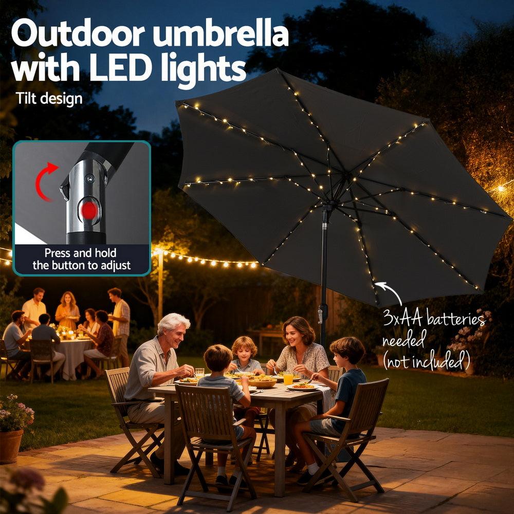 Charcoal outdoor umbrella with LED string lights and adjustable tilt pole