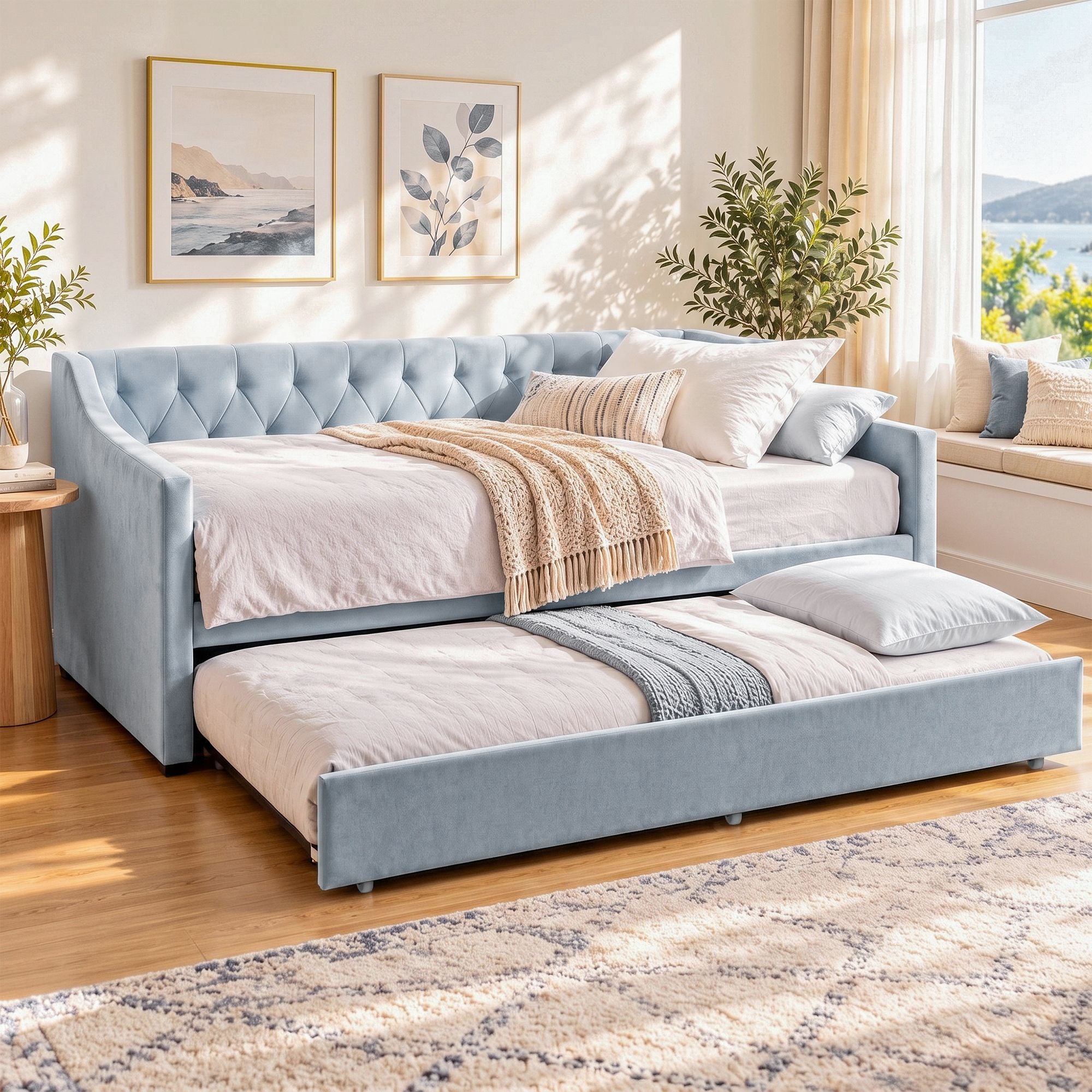 Artiss King Single Buttonless Tufted Daybed with Pull-Out Trundle, Light Blue Bedworld