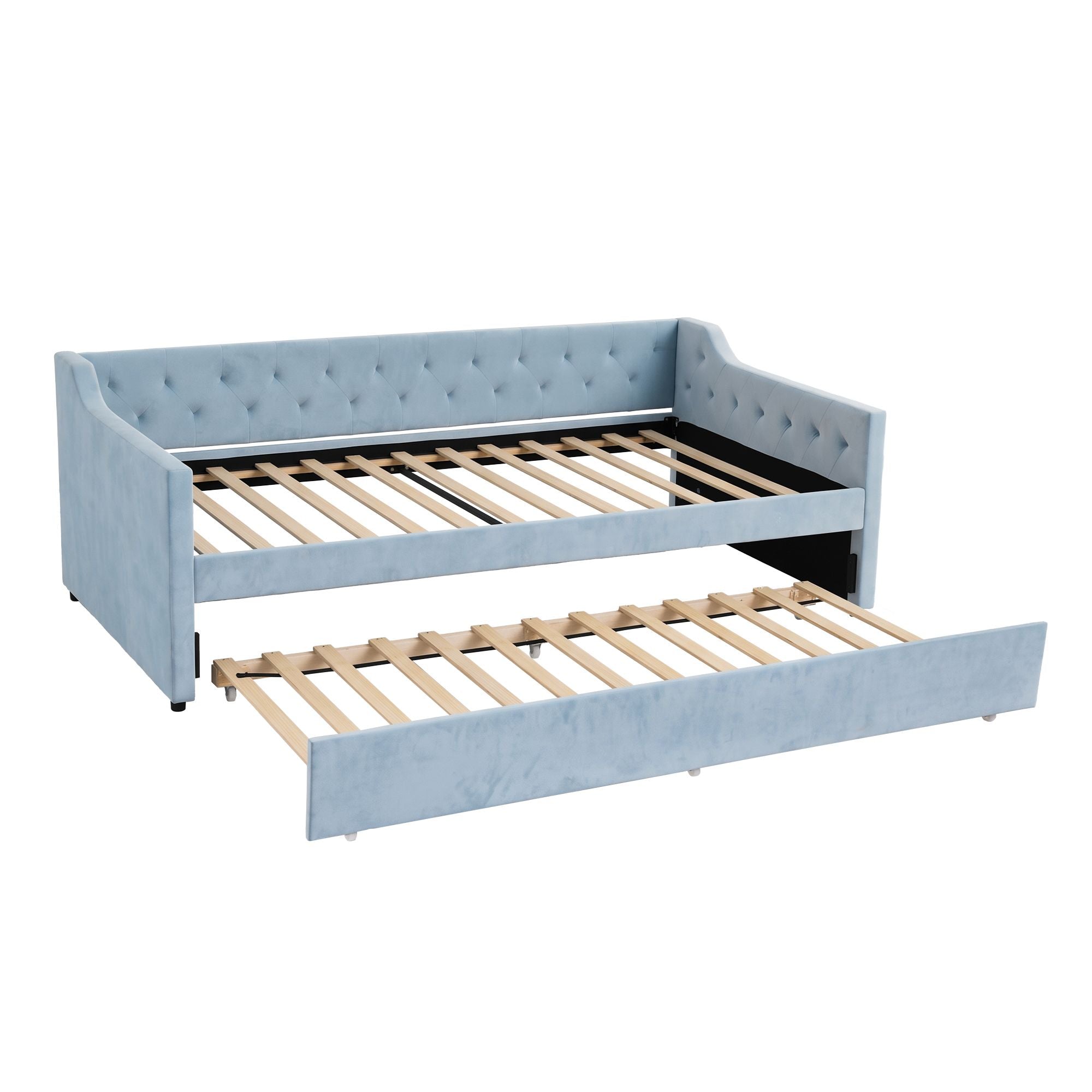 Artiss King Single Buttonless Tufted Daybed with Pull-Out Trundle, Light Blue Bedworld