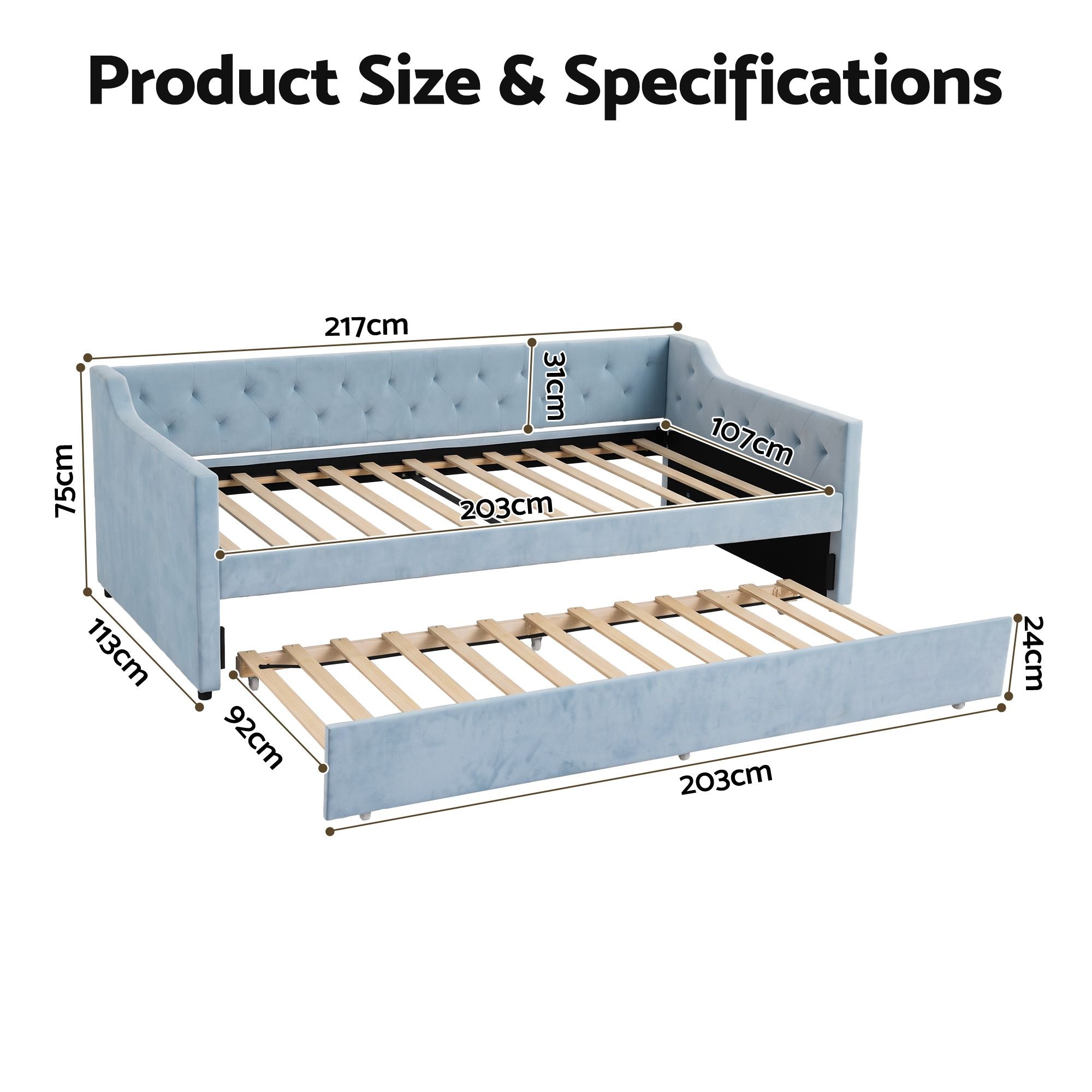 Artiss King Single Buttonless Tufted Daybed with Pull-Out Trundle, Light Blue Bedworld