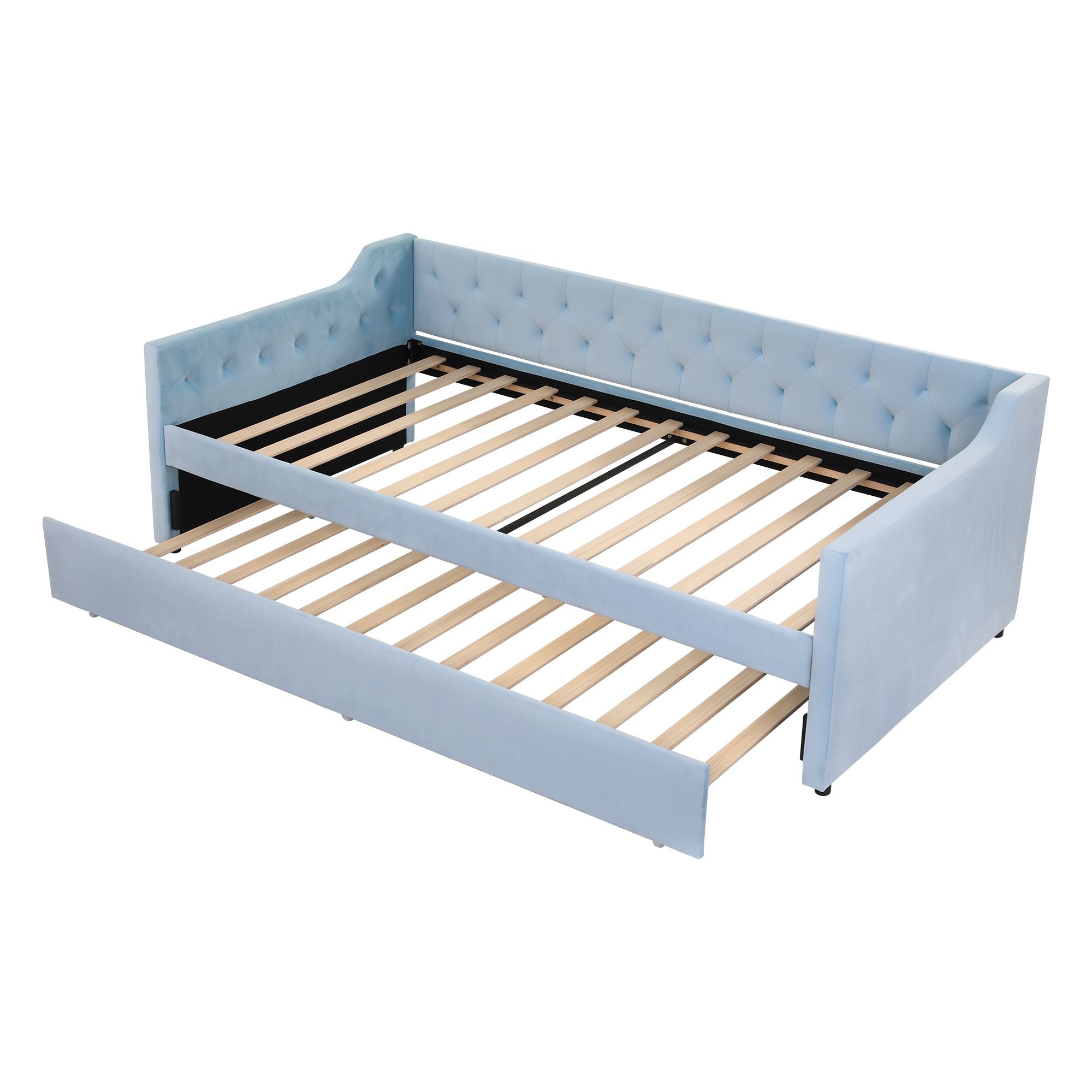 Artiss King Single Buttonless Tufted Daybed with Pull-Out Trundle, Light Blue Bedworld