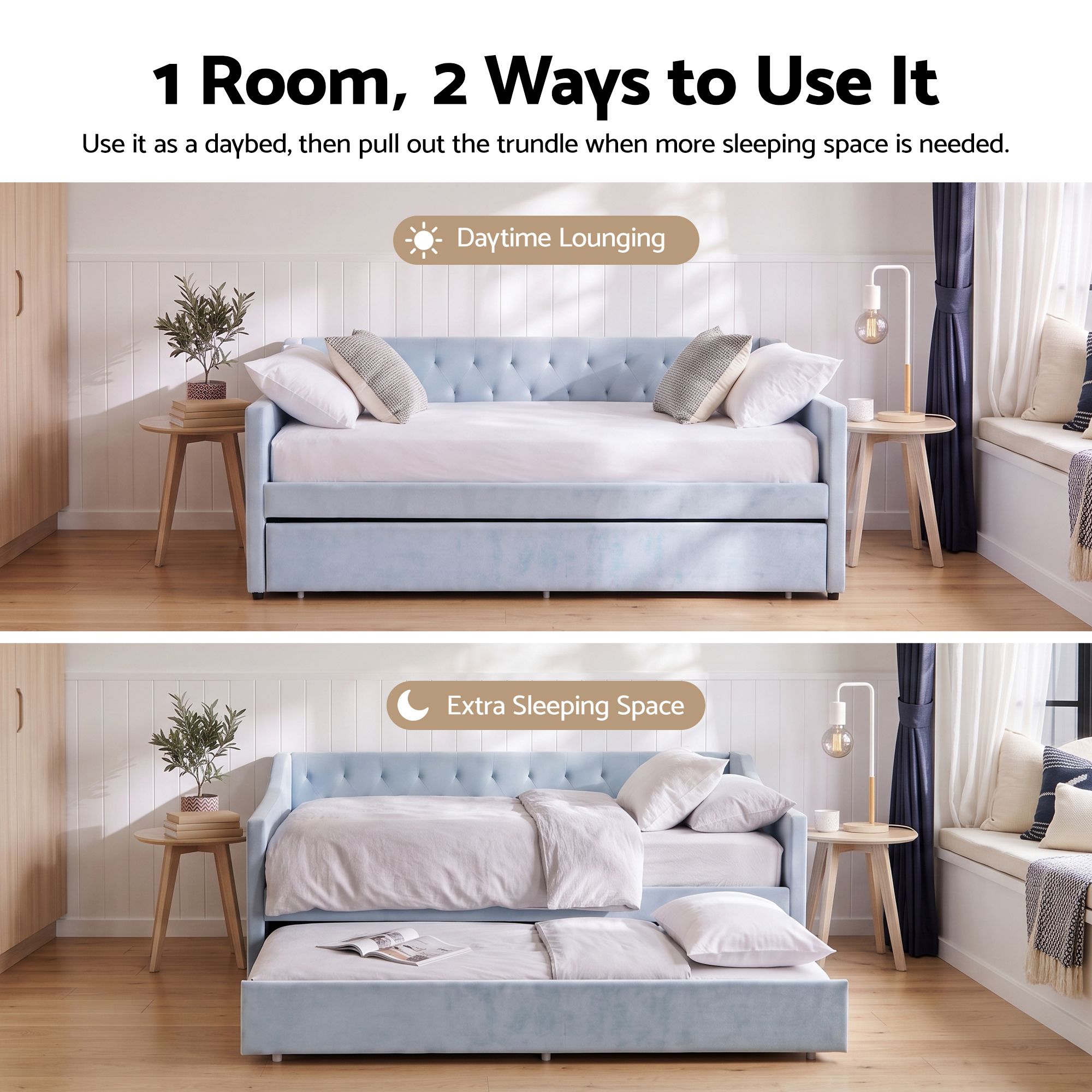 Artiss King Single Buttonless Tufted Daybed with Pull-Out Trundle, Light Blue Bedworld