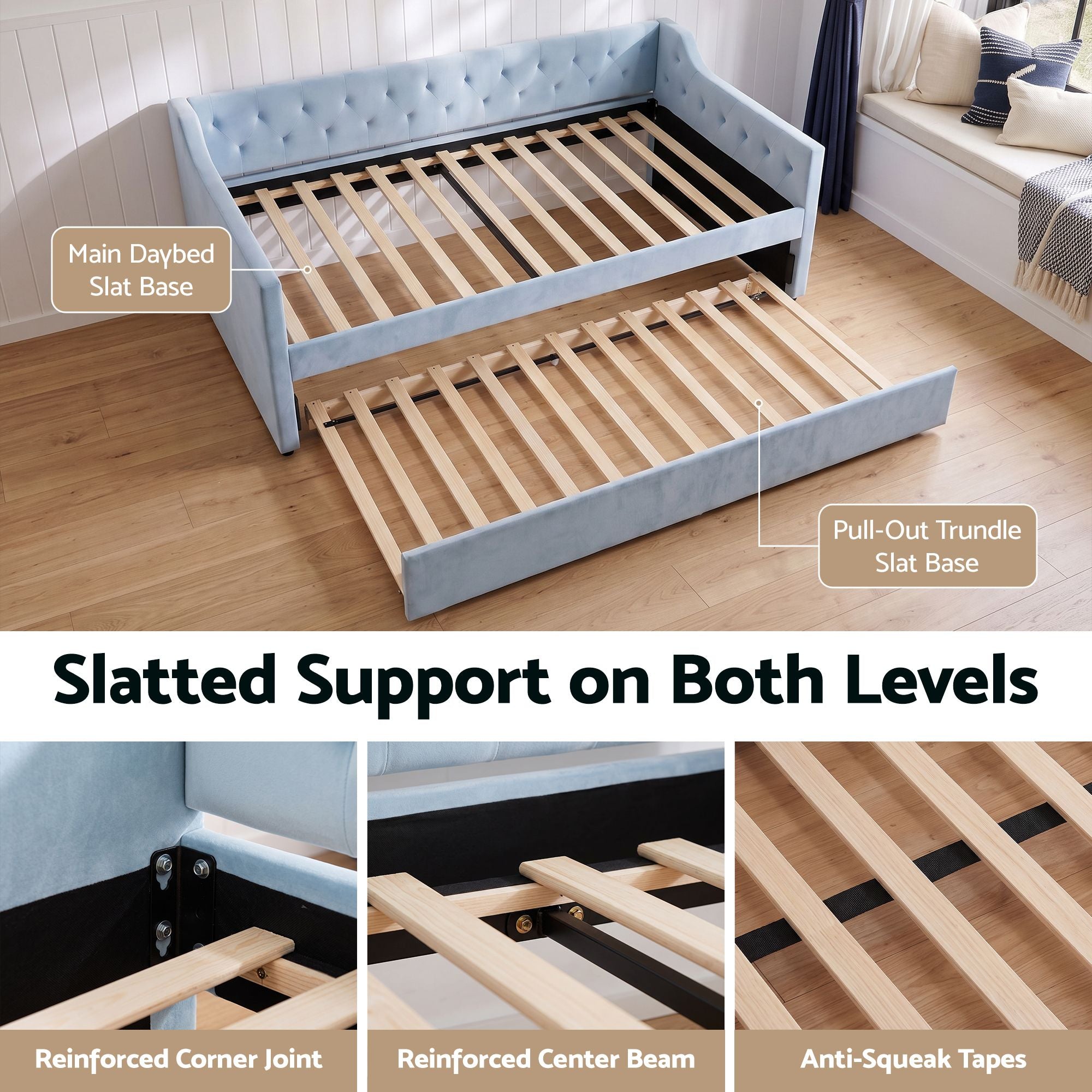Artiss King Single Buttonless Tufted Daybed with Pull-Out Trundle, Light Blue Bedworld