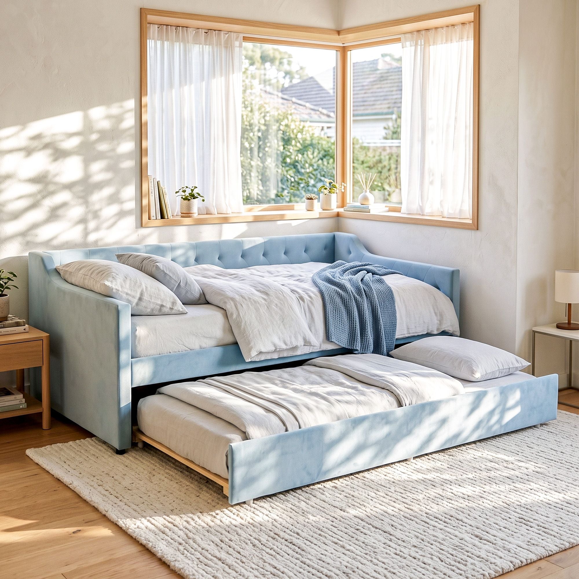 Artiss King Single Buttonless Tufted Daybed with Pull-Out Trundle, Light Blue Bedworld