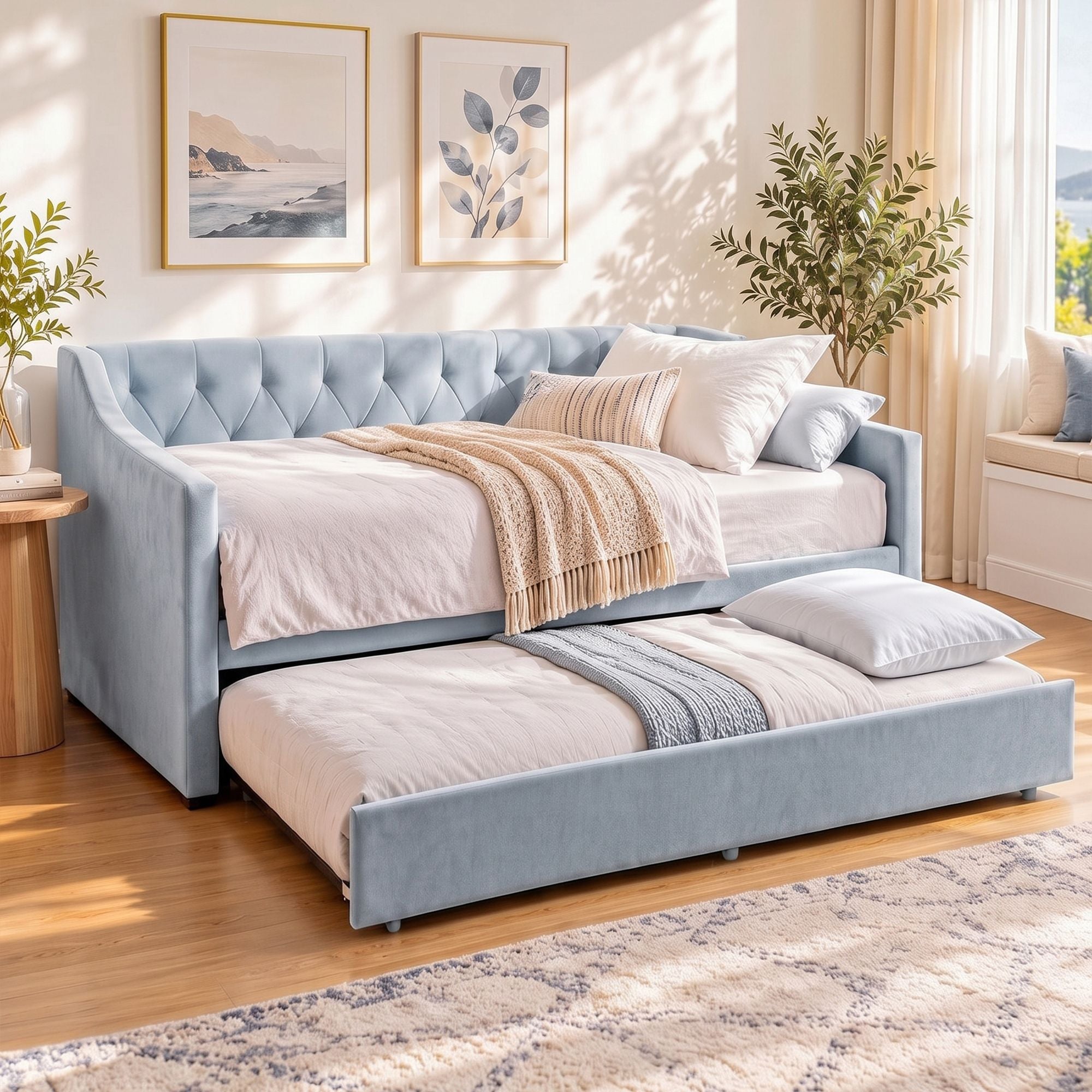 Artiss Single Buttonless Tufted Daybed Frame & Trundle, Blue Bedworld