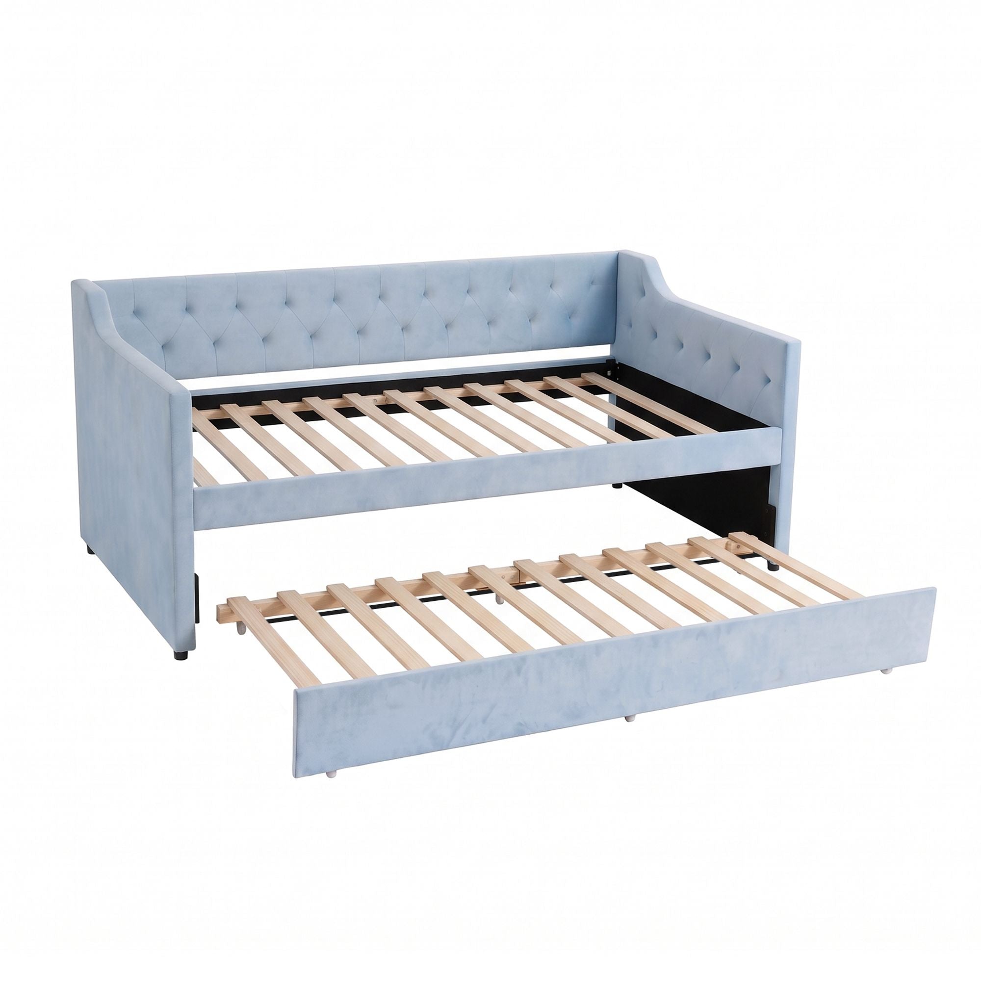Artiss Single Buttonless Tufted Daybed Frame & Trundle, Blue Bedworld