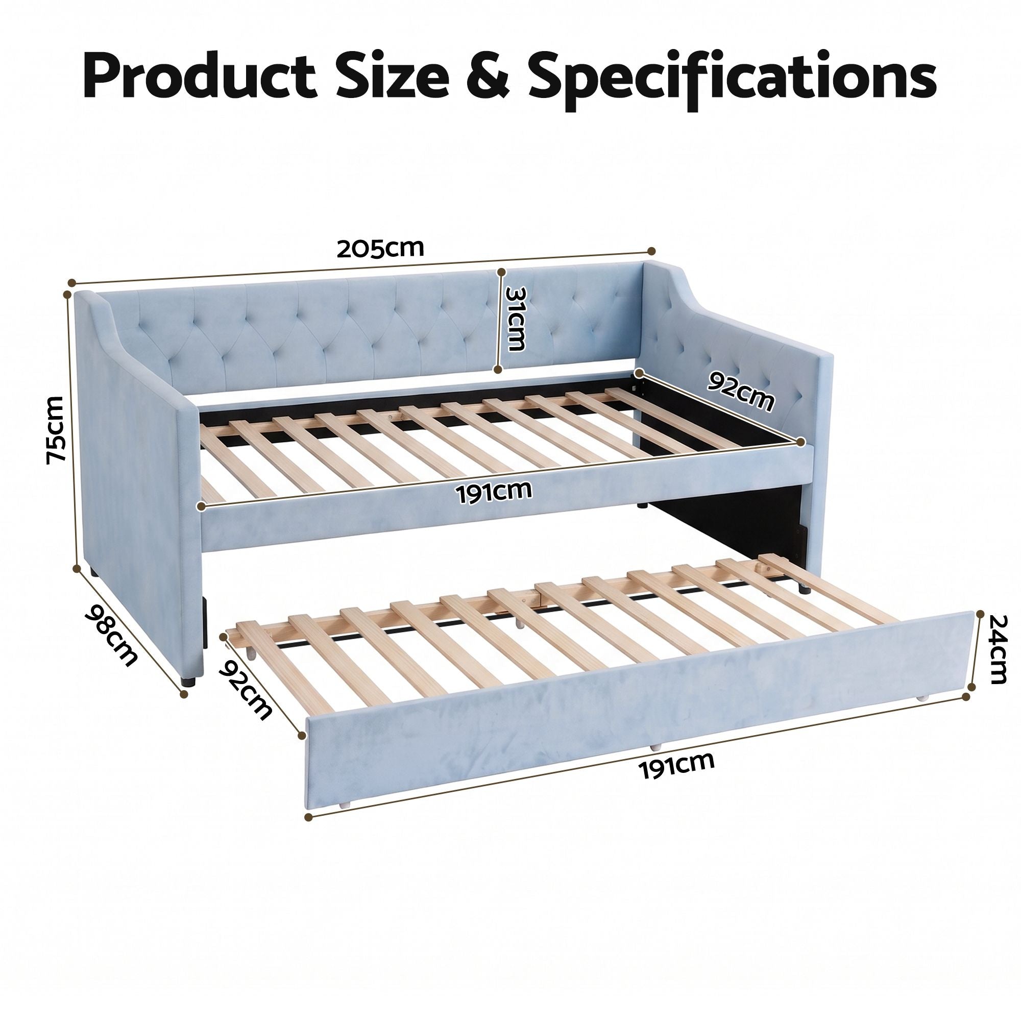 Artiss Single Buttonless Tufted Daybed Frame & Trundle, Blue Bedworld