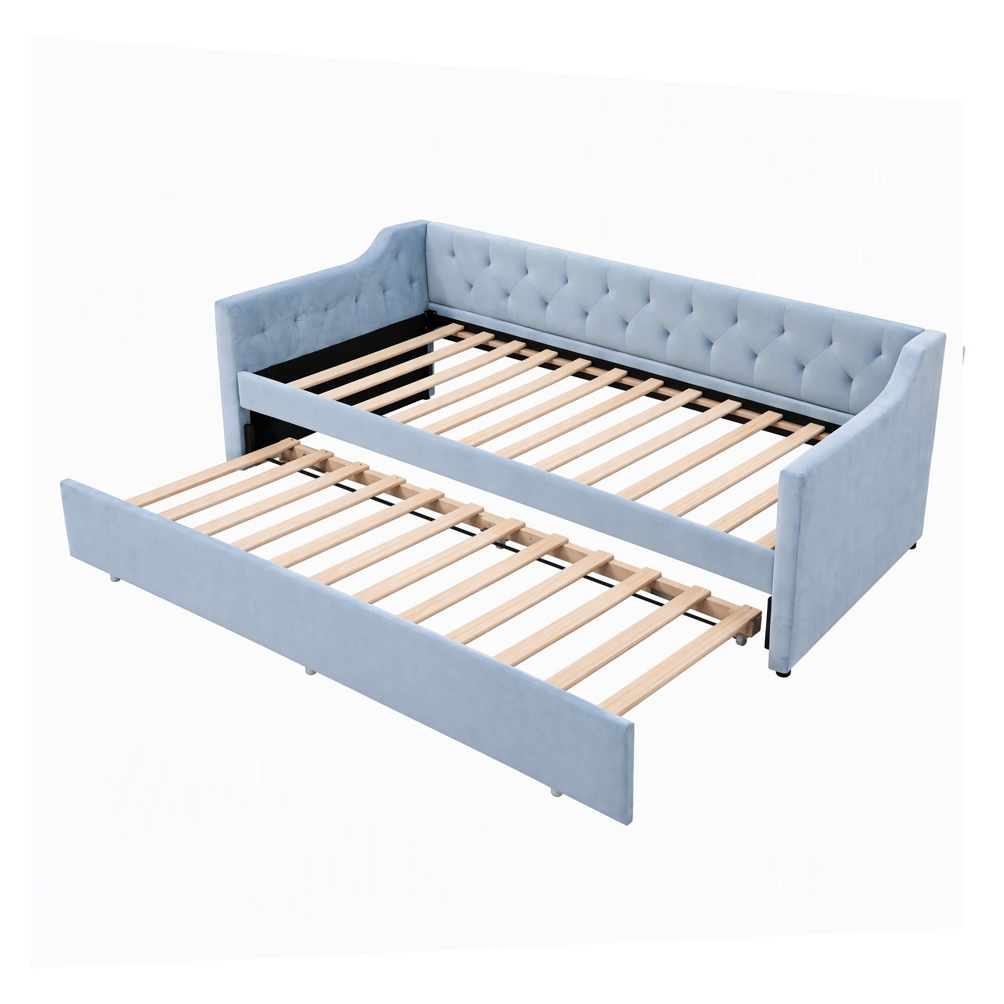 Artiss Single Buttonless Tufted Daybed Frame & Trundle, Blue Bedworld