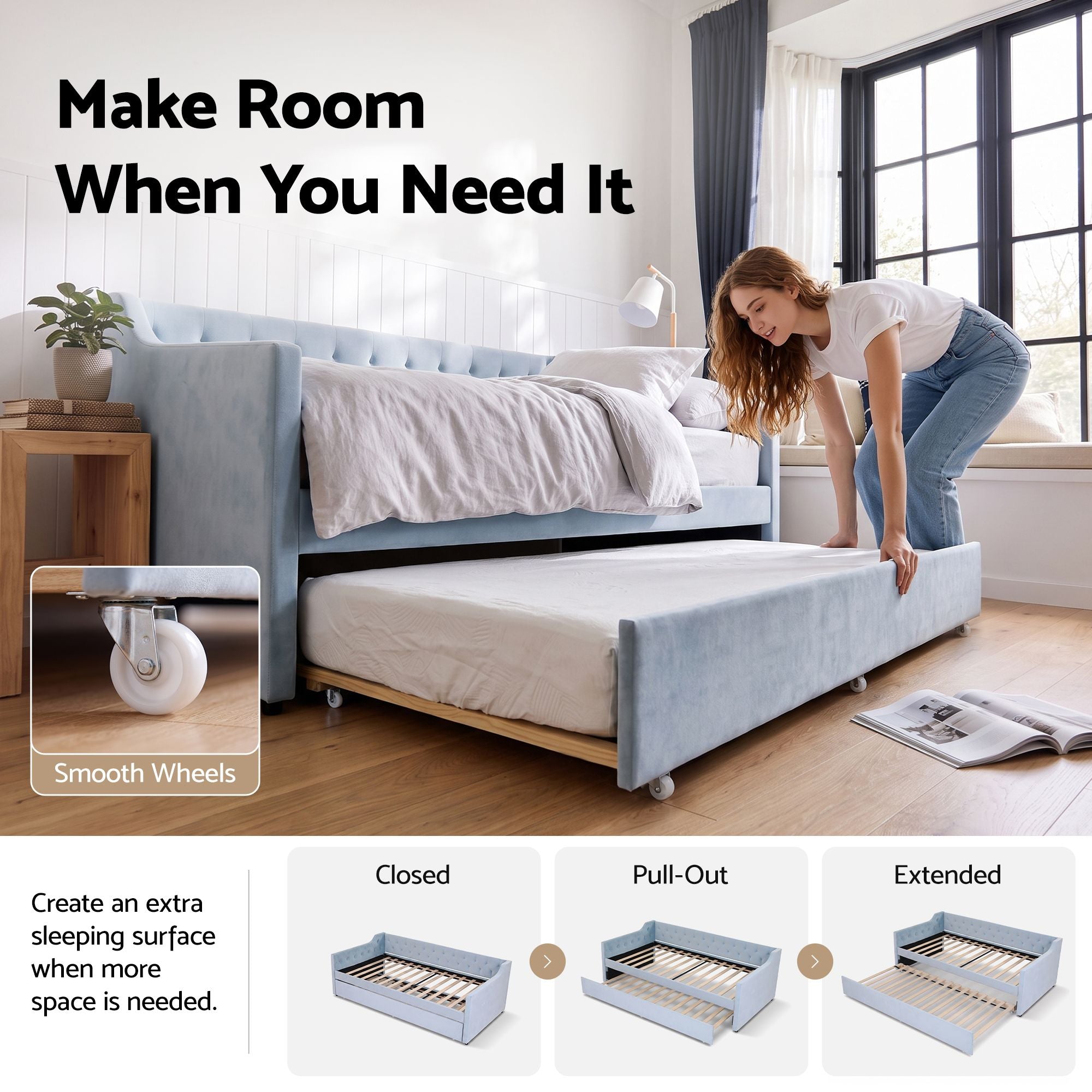 Artiss Single Buttonless Tufted Daybed Frame & Trundle, Blue Bedworld