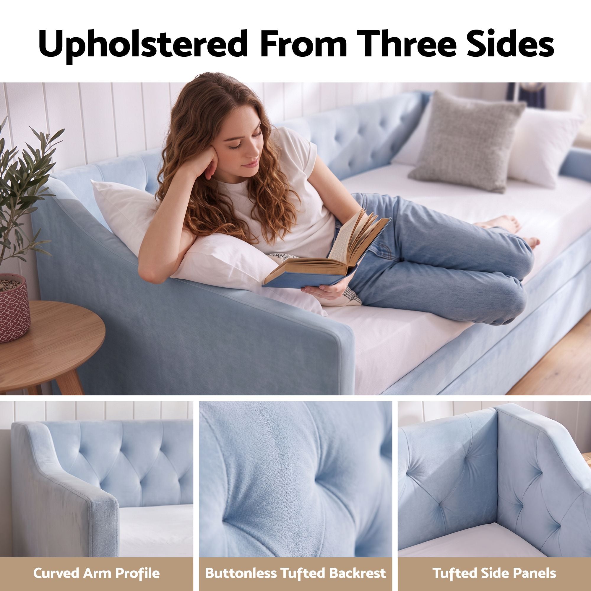 Artiss Single Buttonless Tufted Daybed Frame & Trundle, Blue Bedworld