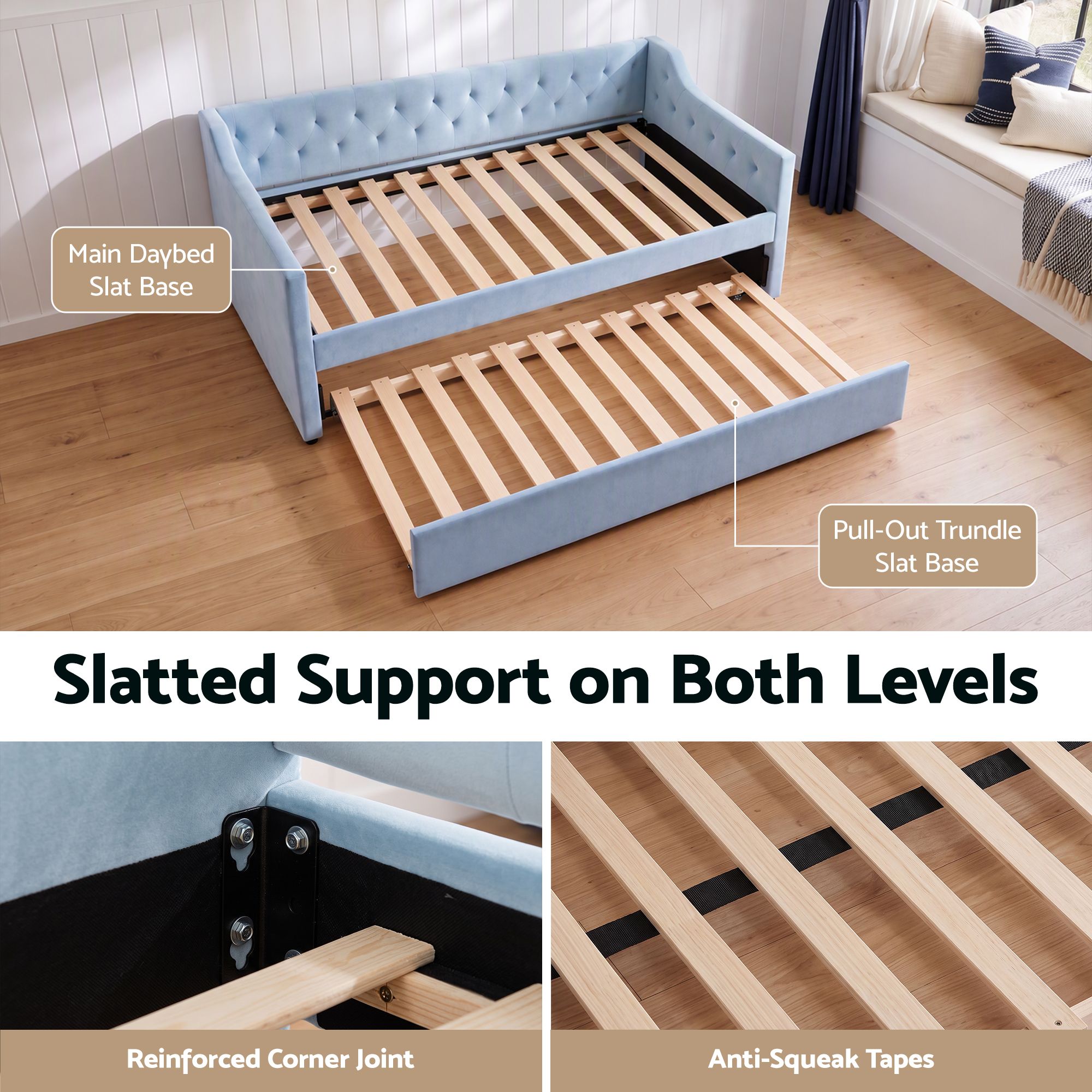 Artiss Single Buttonless Tufted Daybed Frame & Trundle, Blue Bedworld