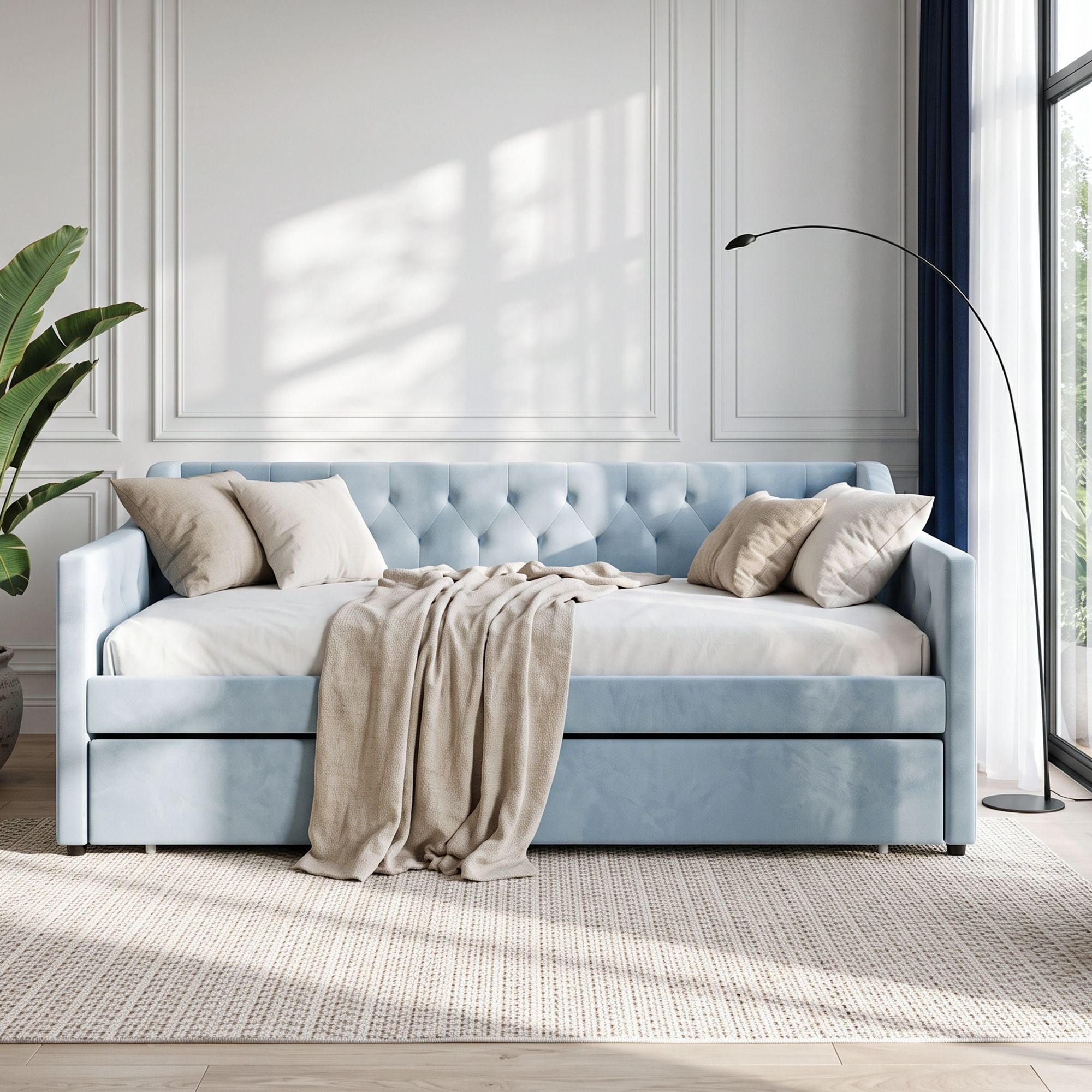 Artiss Single Buttonless Tufted Daybed Frame & Trundle, Blue Bedworld