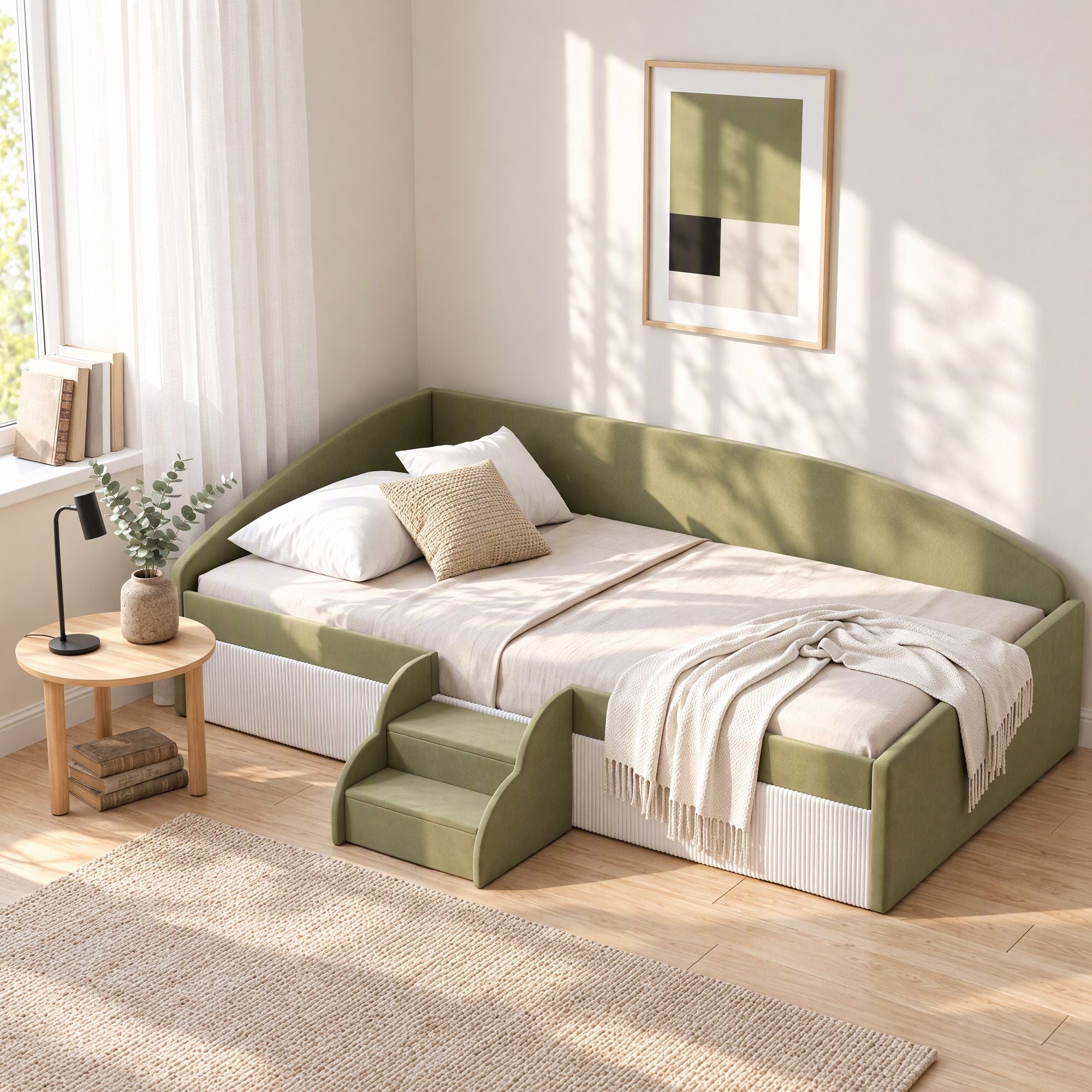 Artiss King Single Upholstered Daybed Sofa Bed with Centre Stairs, Olive Bedworld