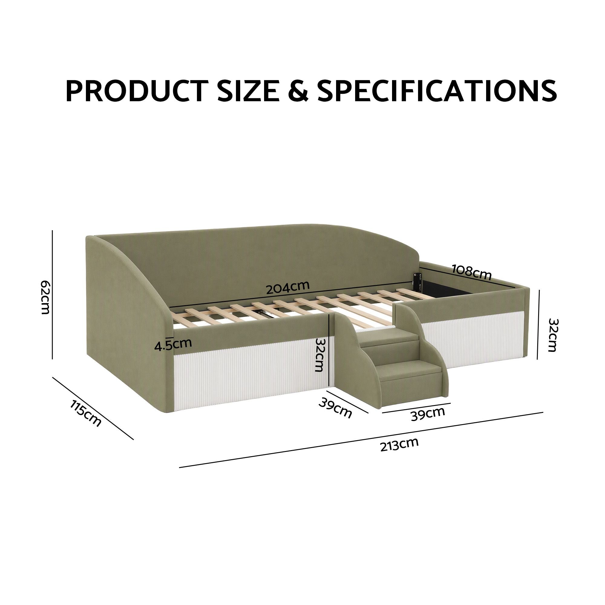 Artiss King Single Upholstered Daybed Sofa Bed with Centre Stairs, Olive Bedworld