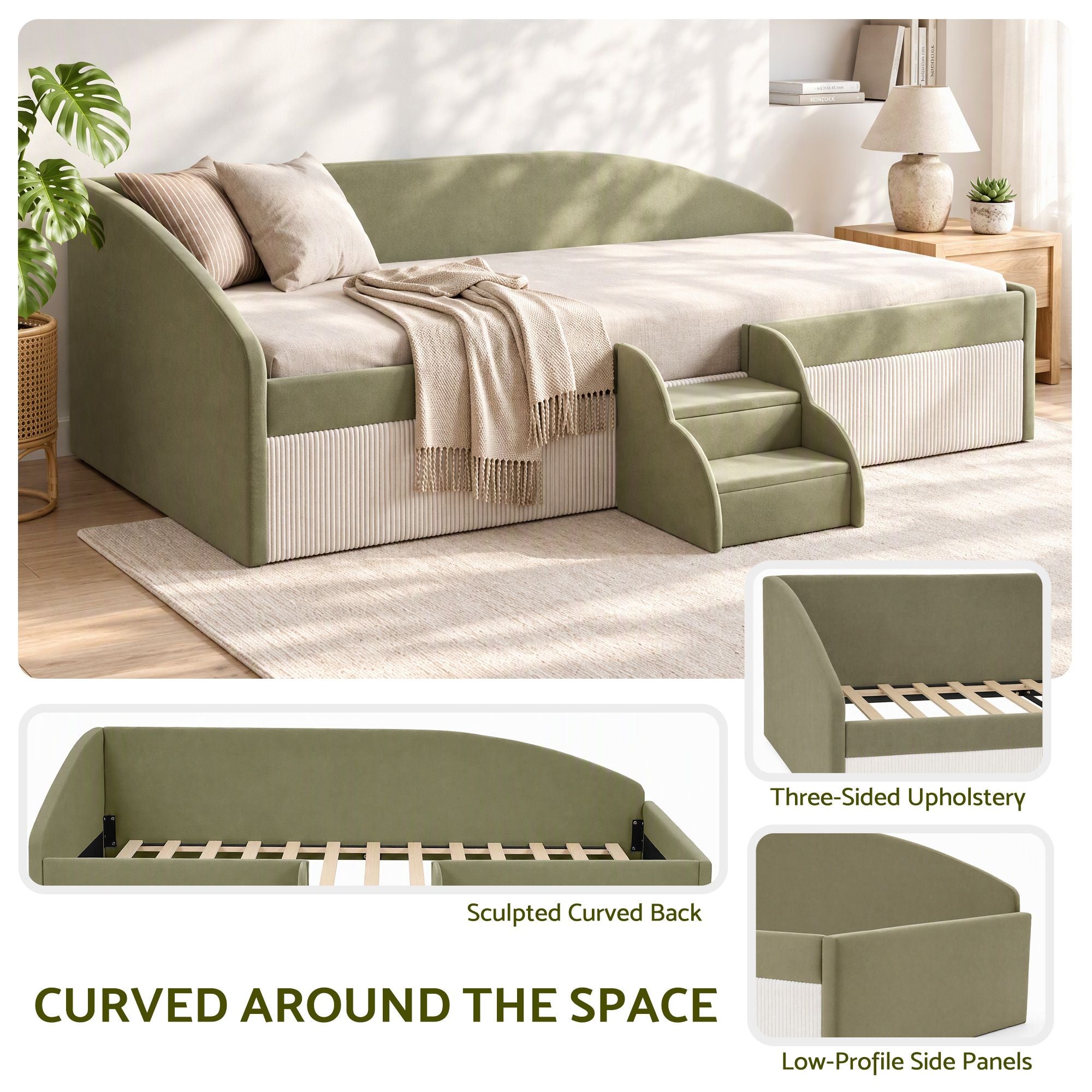 Artiss King Single Upholstered Daybed Sofa Bed with Centre Stairs, Olive Bedworld