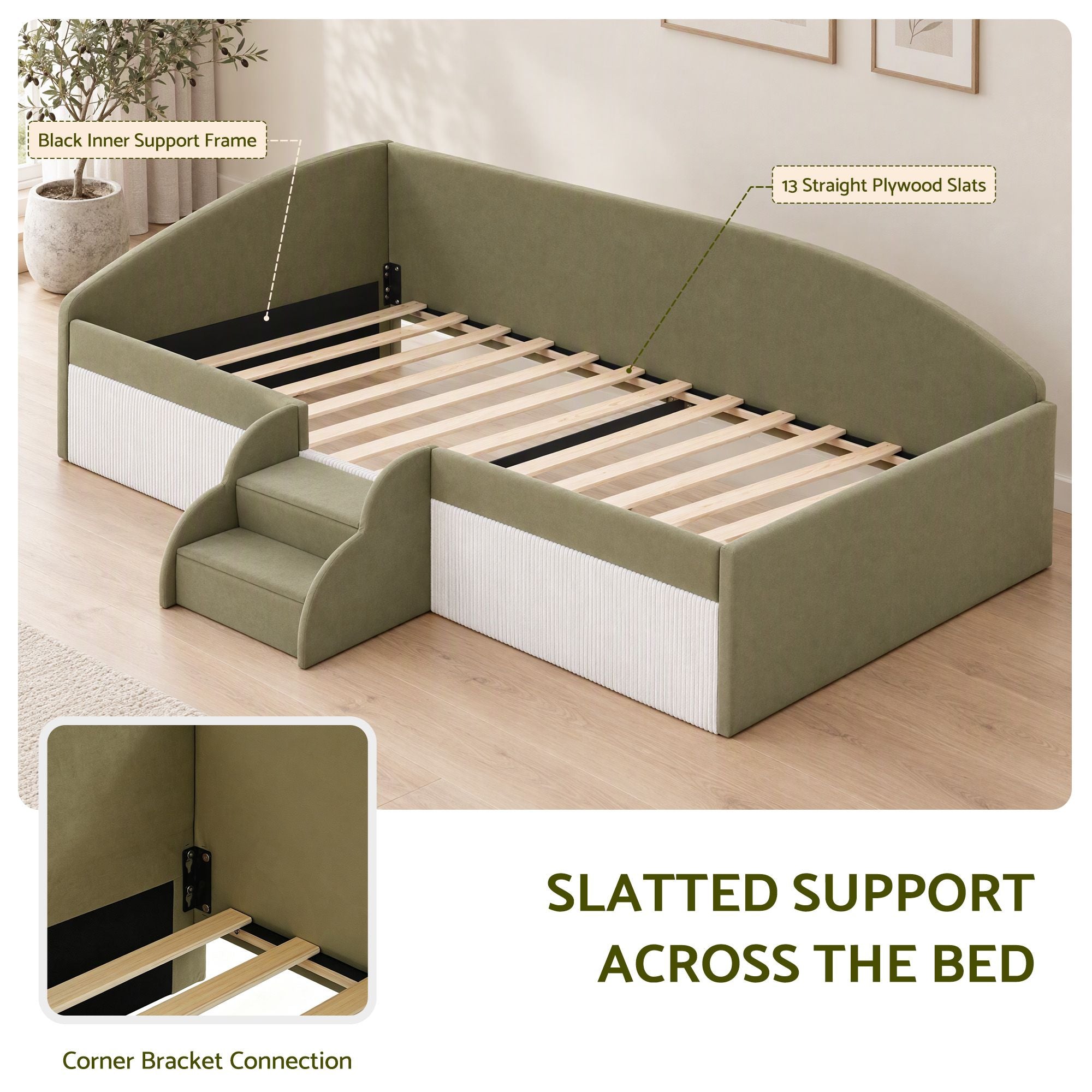 Artiss King Single Upholstered Daybed Sofa Bed with Centre Stairs, Olive Bedworld