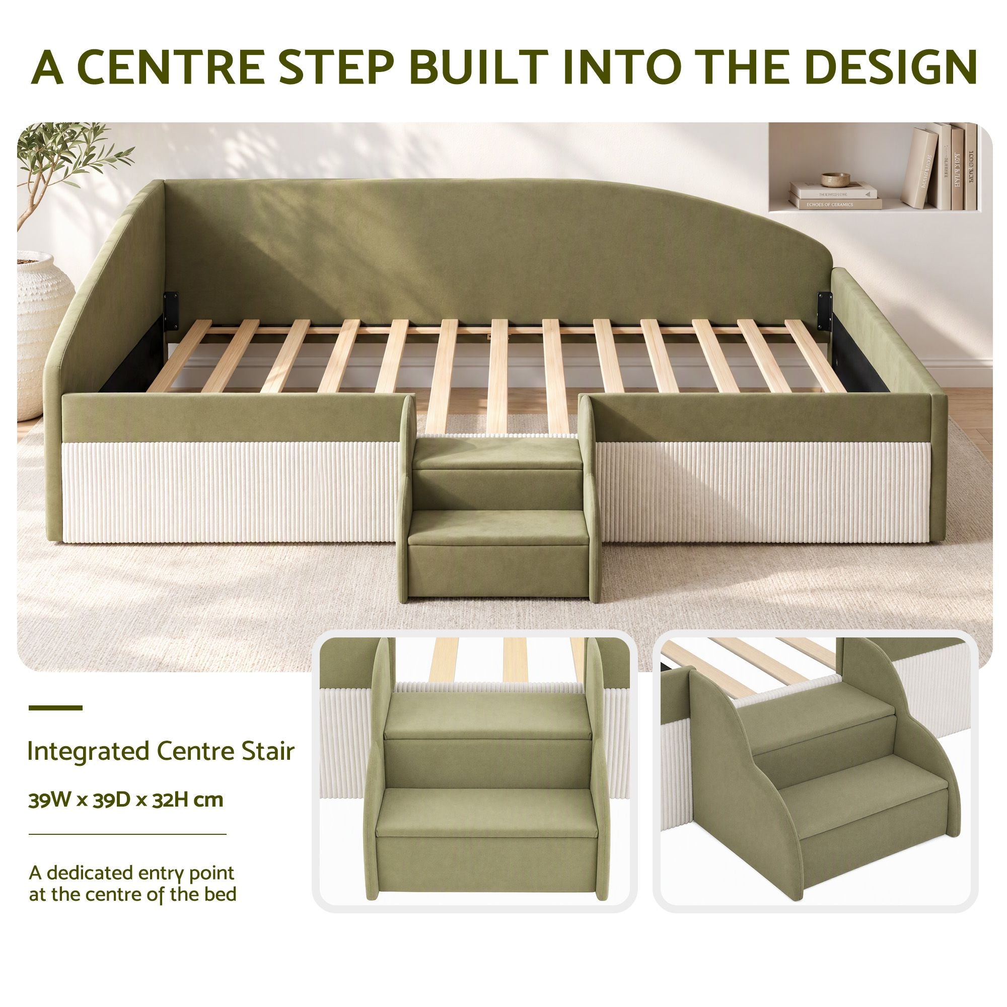 Artiss Single Upholstered Daybed, Centre Stair, Olive Green Bedworld