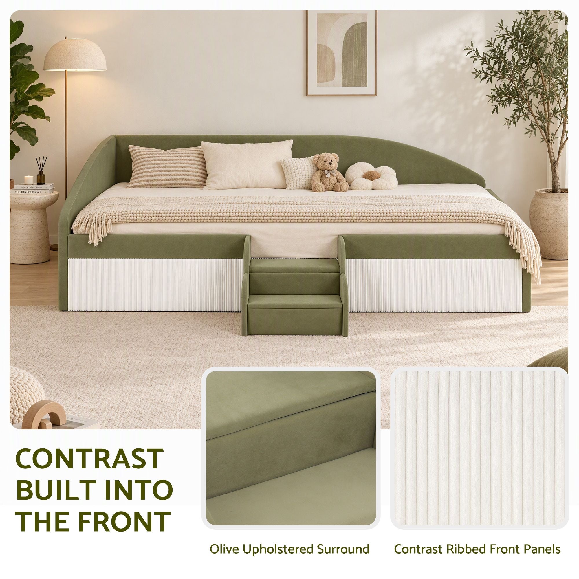 Artiss Single Upholstered Daybed, Centre Stair, Olive Green Bedworld