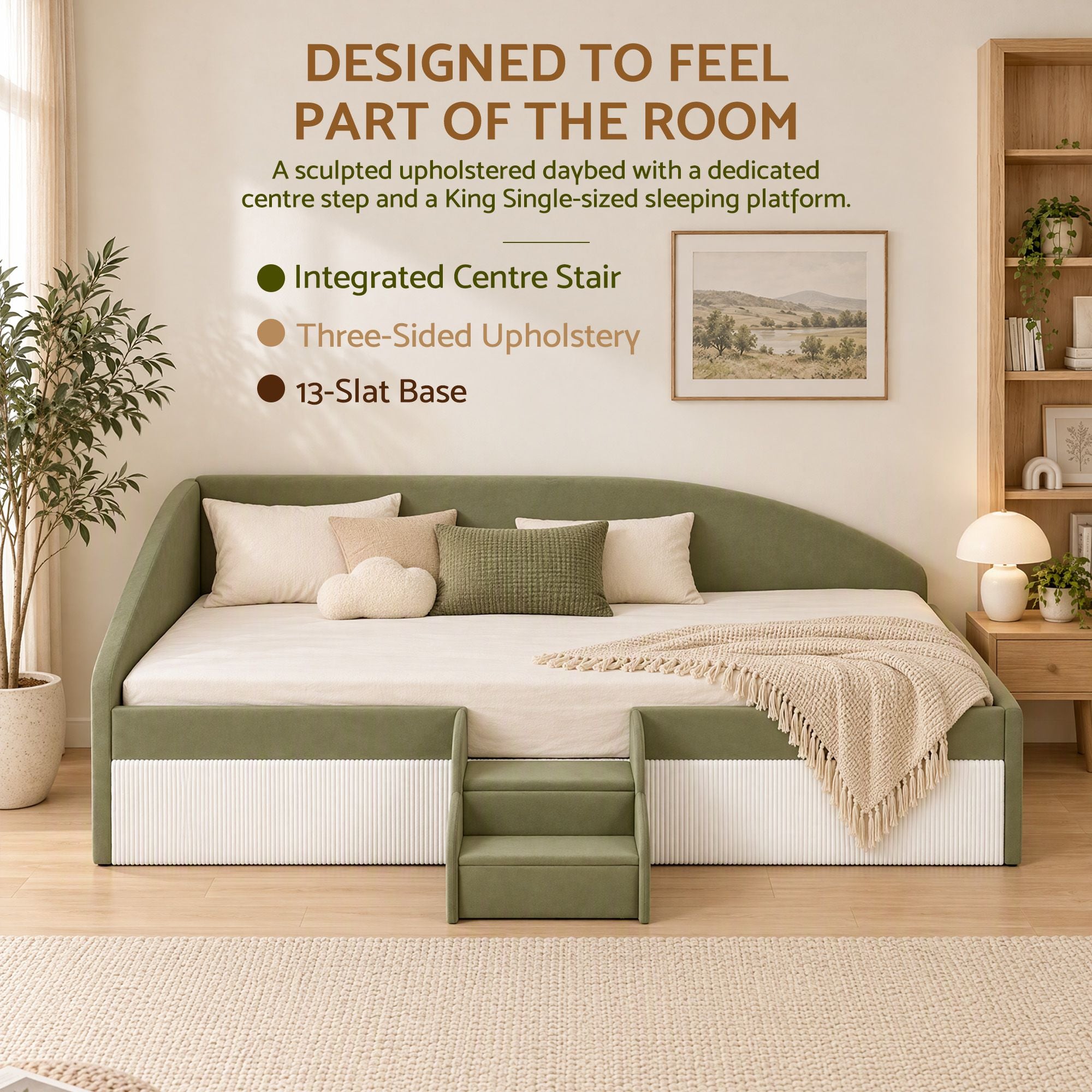 Artiss Single Upholstered Daybed, Centre Stair, Olive Green Bedworld