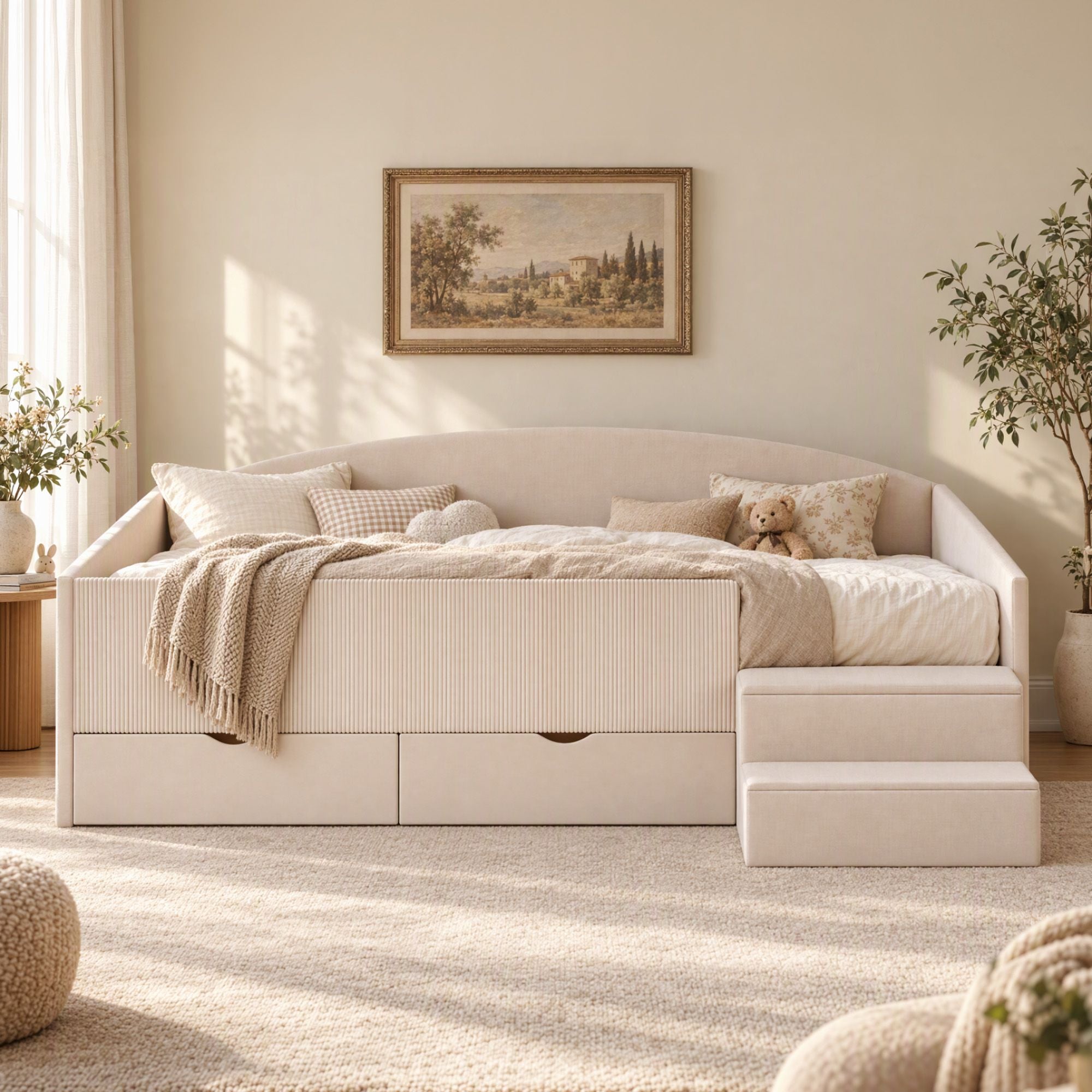 Artiss King Single Upholstered Daybed with Stairs & Storage Drawers, Beige Bedworld