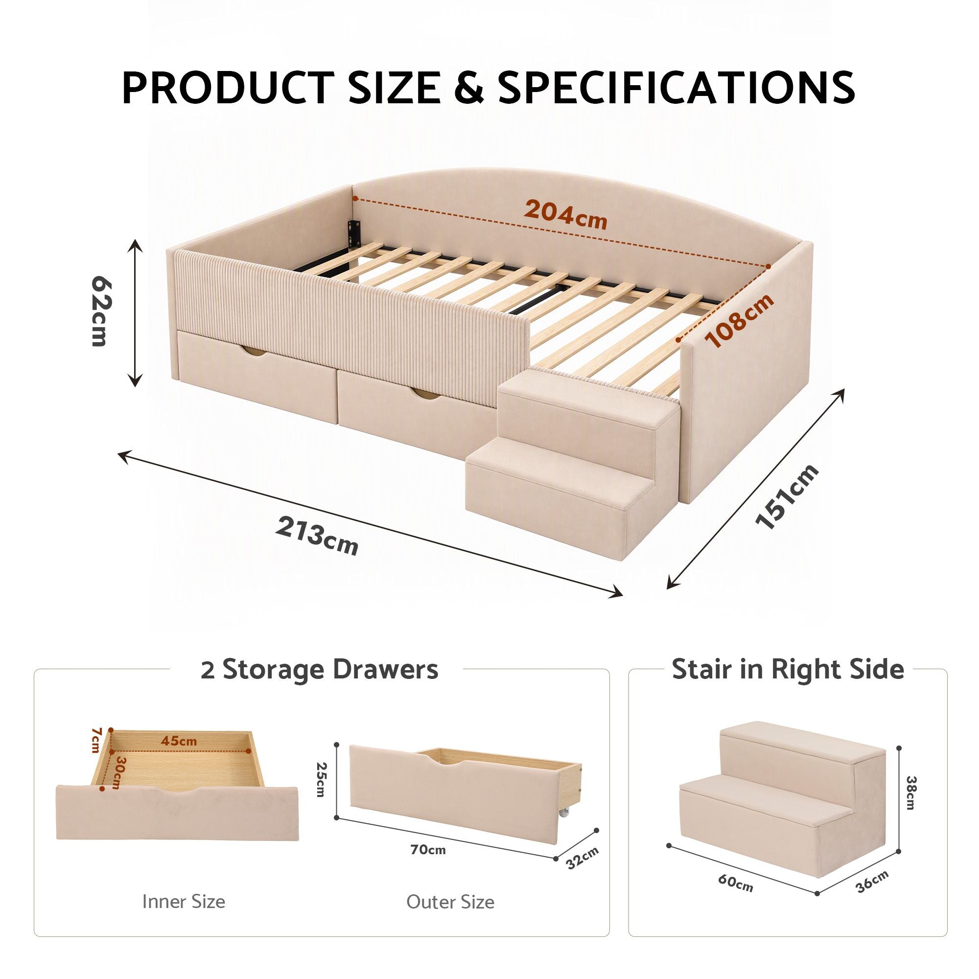 Artiss King Single Upholstered Daybed with Stairs & Storage Drawers, Beige Bedworld