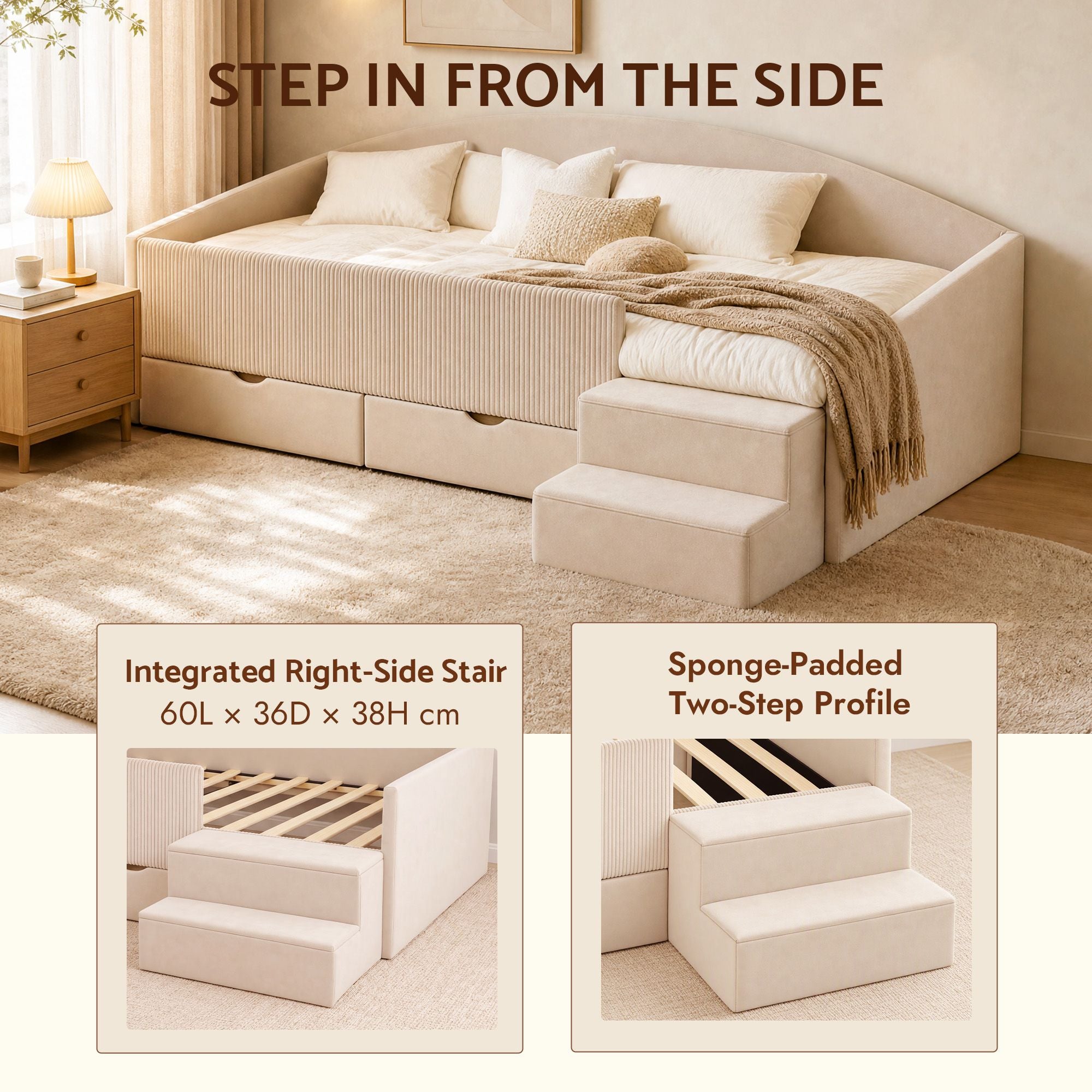 Artiss King Single Upholstered Daybed with Stairs & Storage Drawers, Beige Bedworld