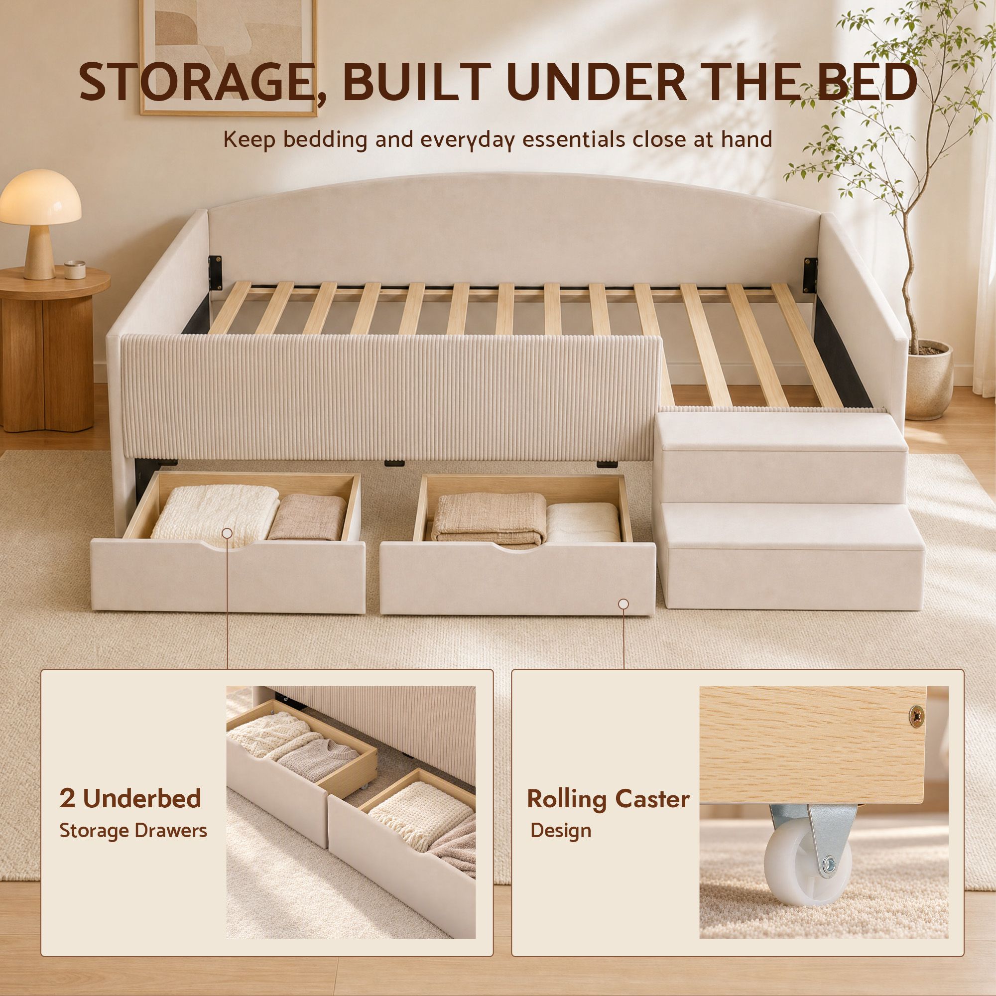 Artiss King Single Upholstered Daybed with Stairs & Storage Drawers, Beige Bedworld