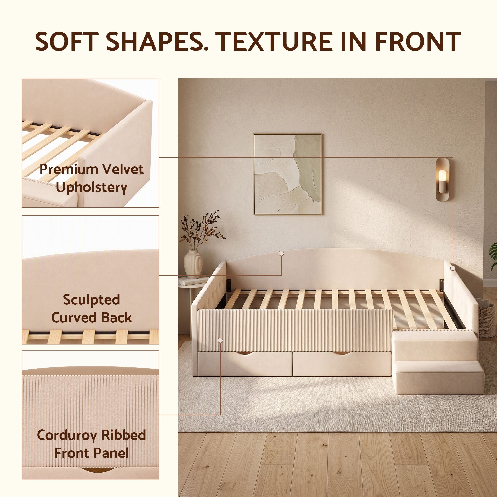 Artiss King Single Upholstered Daybed with Stairs & Storage Drawers, Beige Bedworld