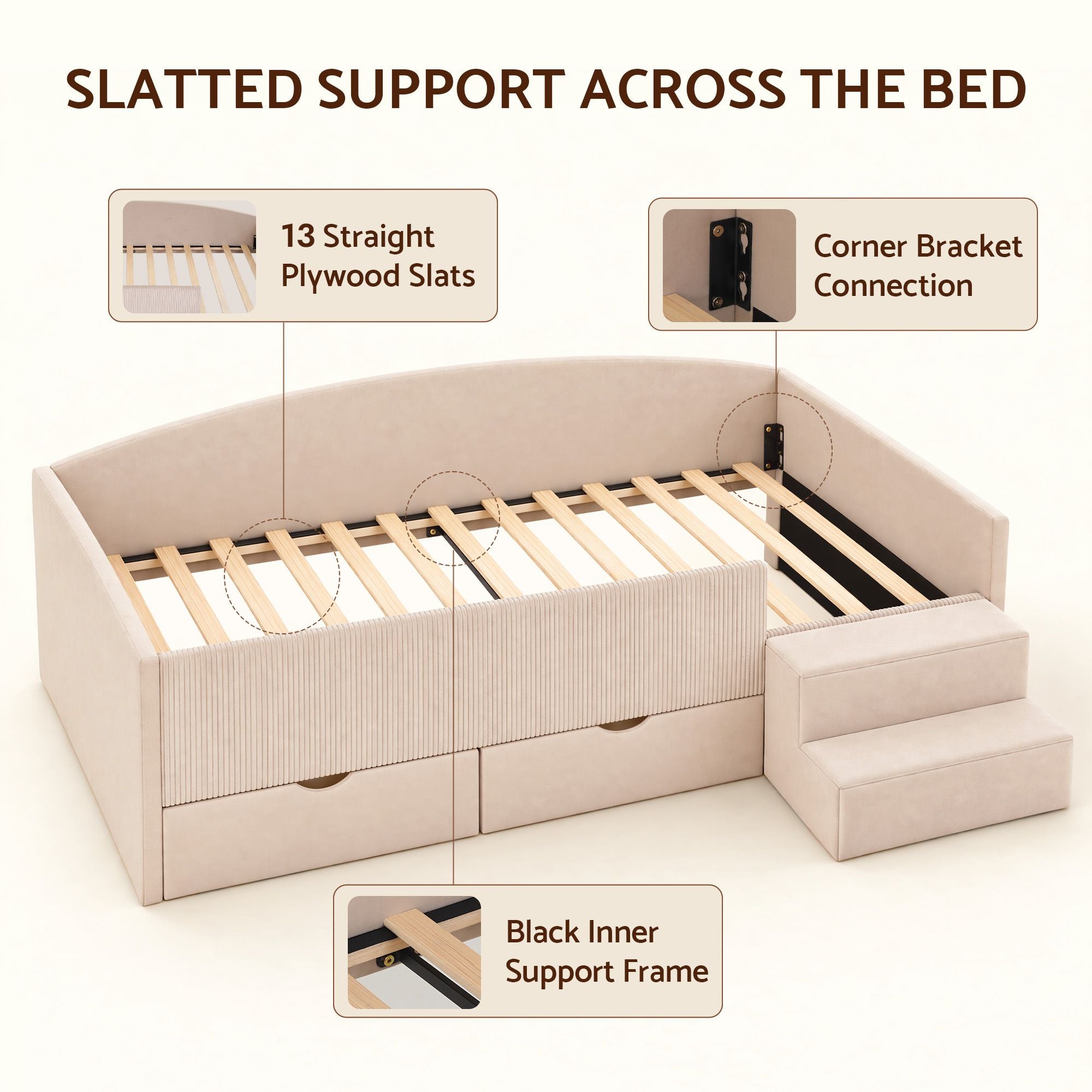 Artiss King Single Upholstered Daybed with Stairs & Storage Drawers, Beige Bedworld