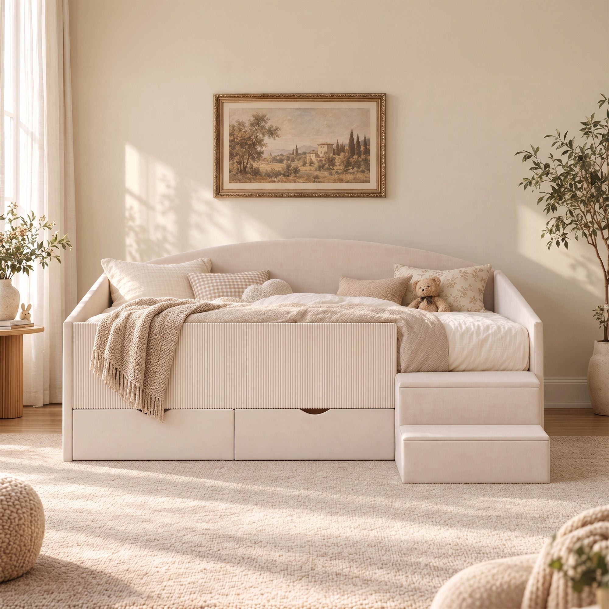 Artiss Single Upholstered Daybed with Side Stairs & Storage Drawers, Beige Bedworld