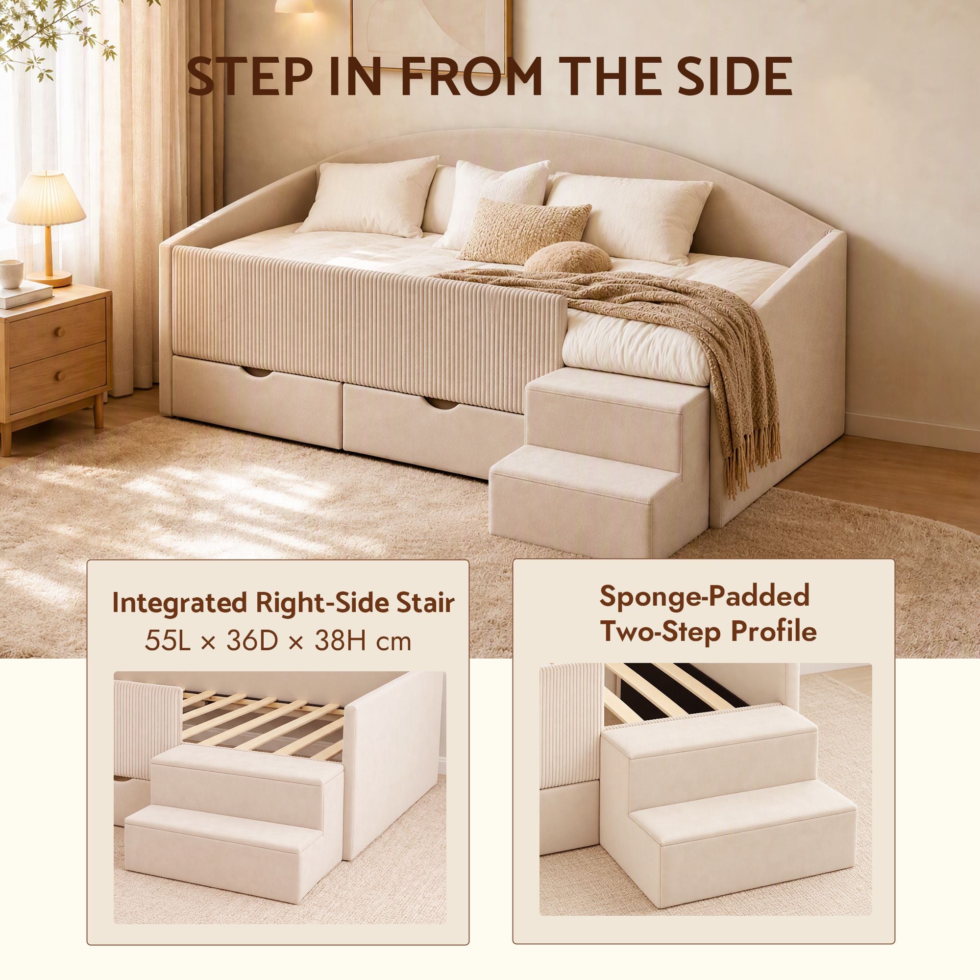 Artiss Single Upholstered Daybed with Side Stairs & Storage Drawers, Beige Bedworld