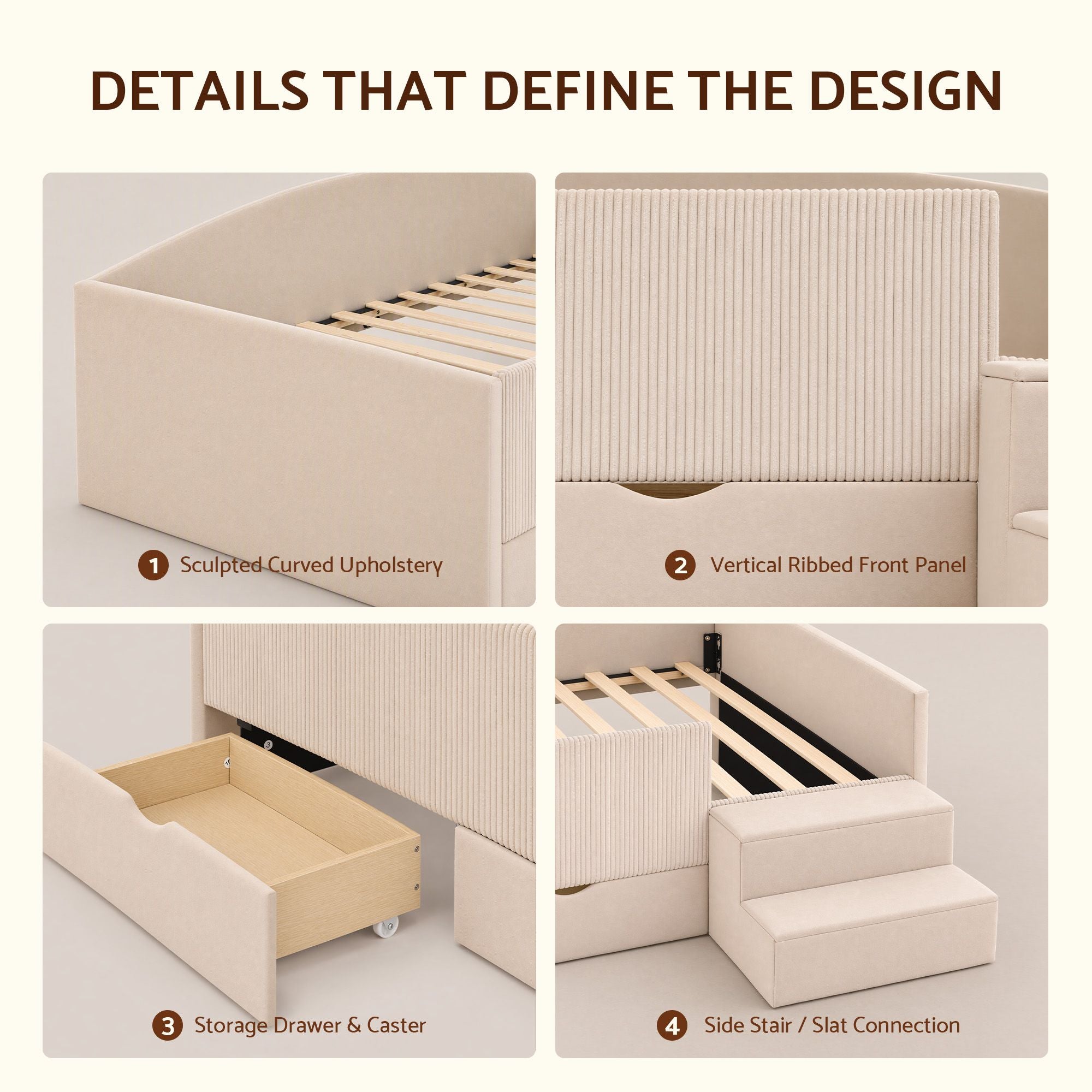 Artiss Single Upholstered Daybed with Side Stairs & Storage Drawers, Beige Bedworld