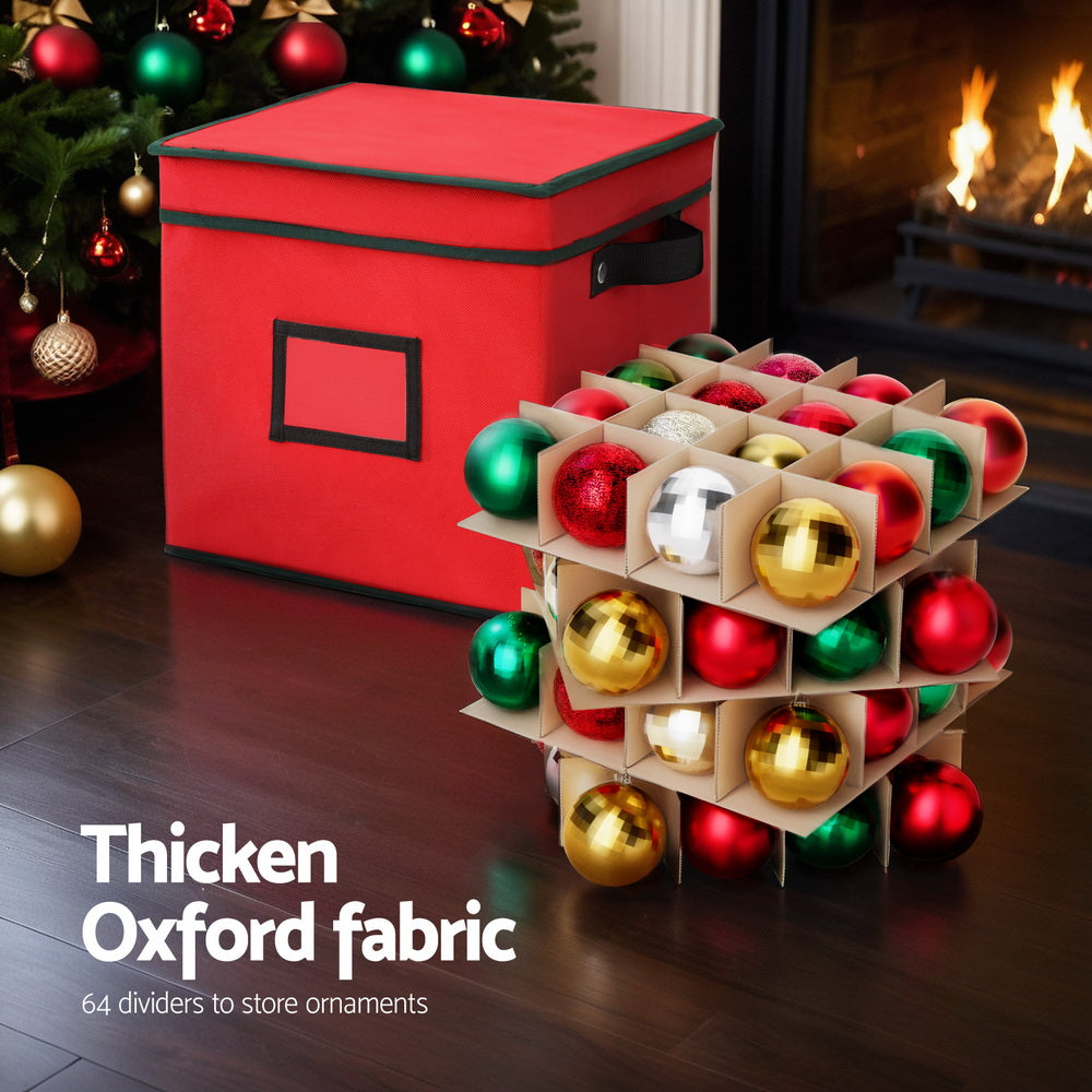 Red bauble storage box with green trim, hinged lid, and open divided compartments