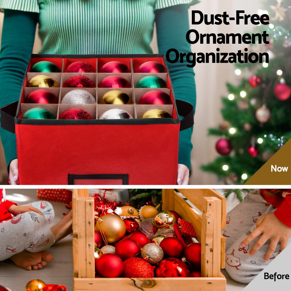 Red organizer box with divided compartments holding assorted Christmas ornaments