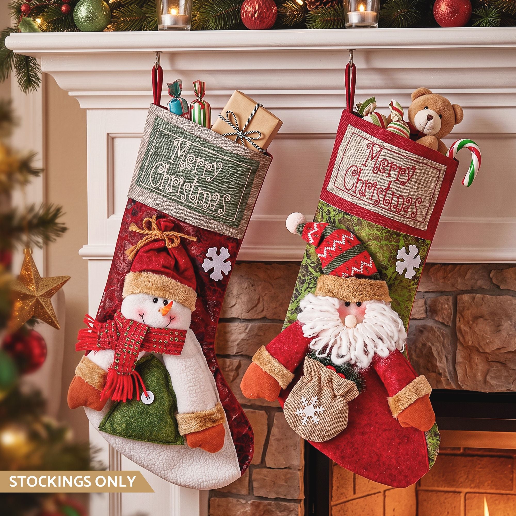 Jingle Jollys Christmas Stockings 2 Pack Large 3D Plush Santa Snowman 43.5cm Christmas Decor for Family Holiday Christmas Party Decorations Bedworld