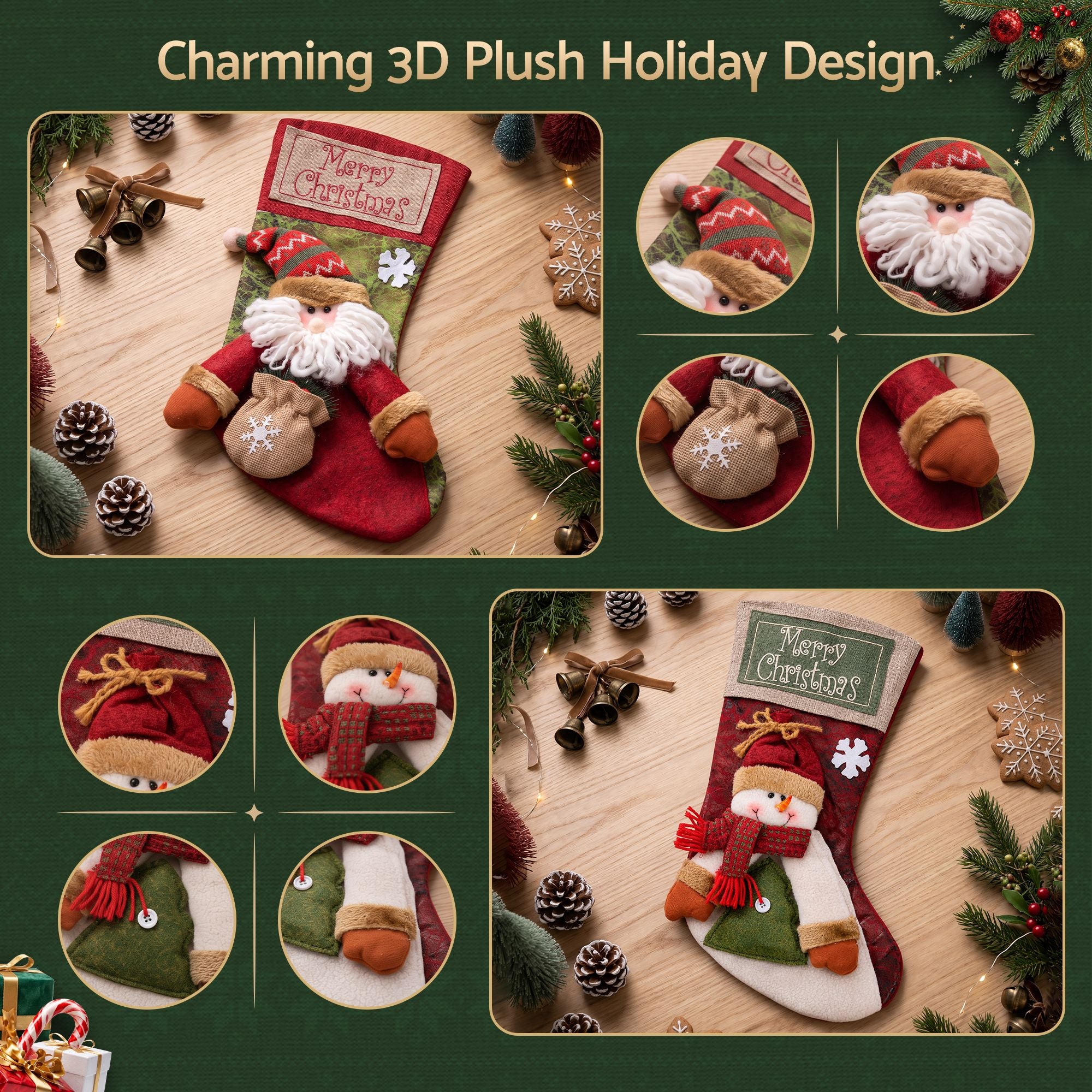 Jingle Jollys Christmas Stockings 2 Pack Large 3D Plush Santa Snowman 43.5cm Christmas Decor for Family Holiday Christmas Party Decorations Bedworld