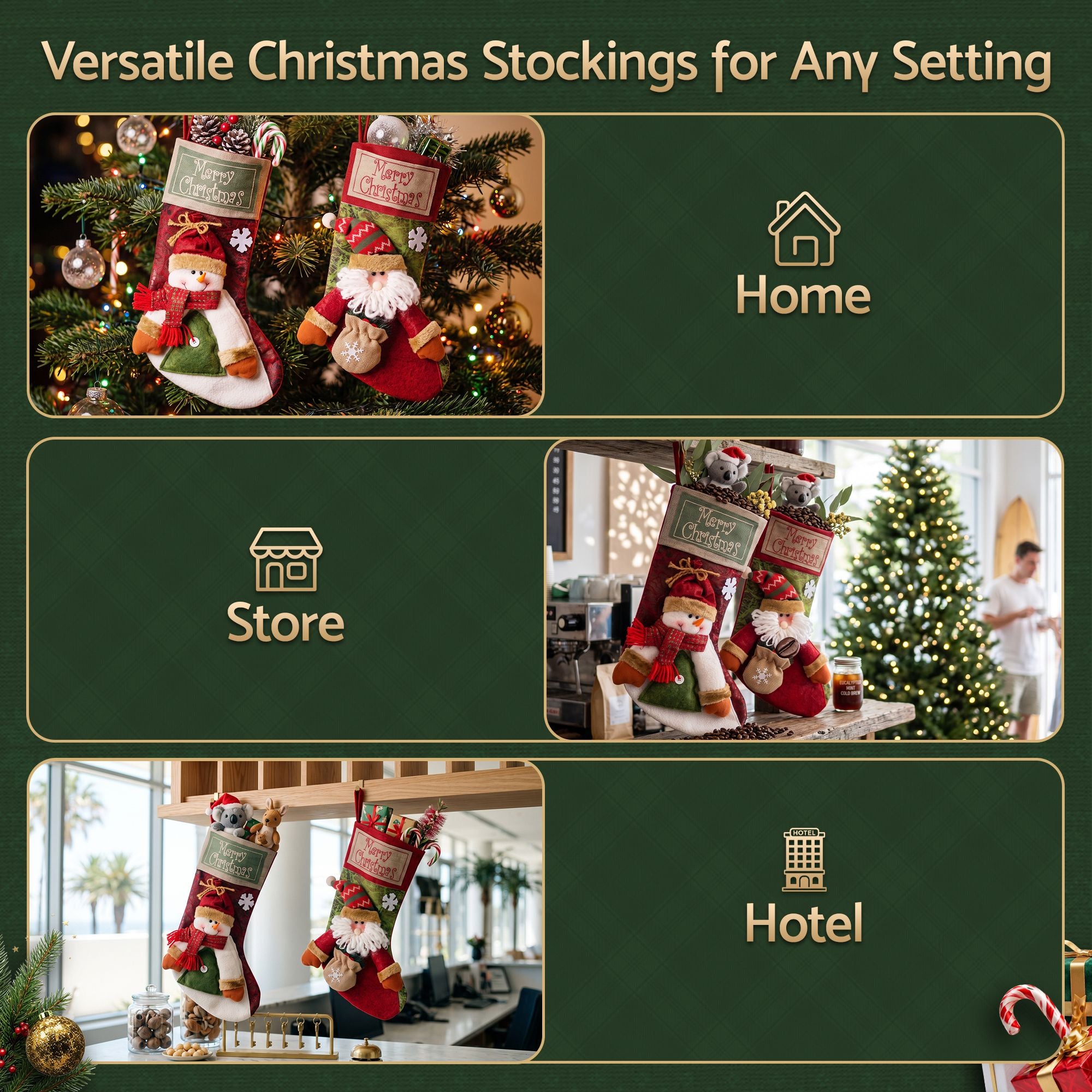 Jingle Jollys 4PCS Christmas Stockings Large 3D Plush Santa Snowman 43.5cm Christmas Decor for Family Holiday Christmas Party Decorations Bedworld