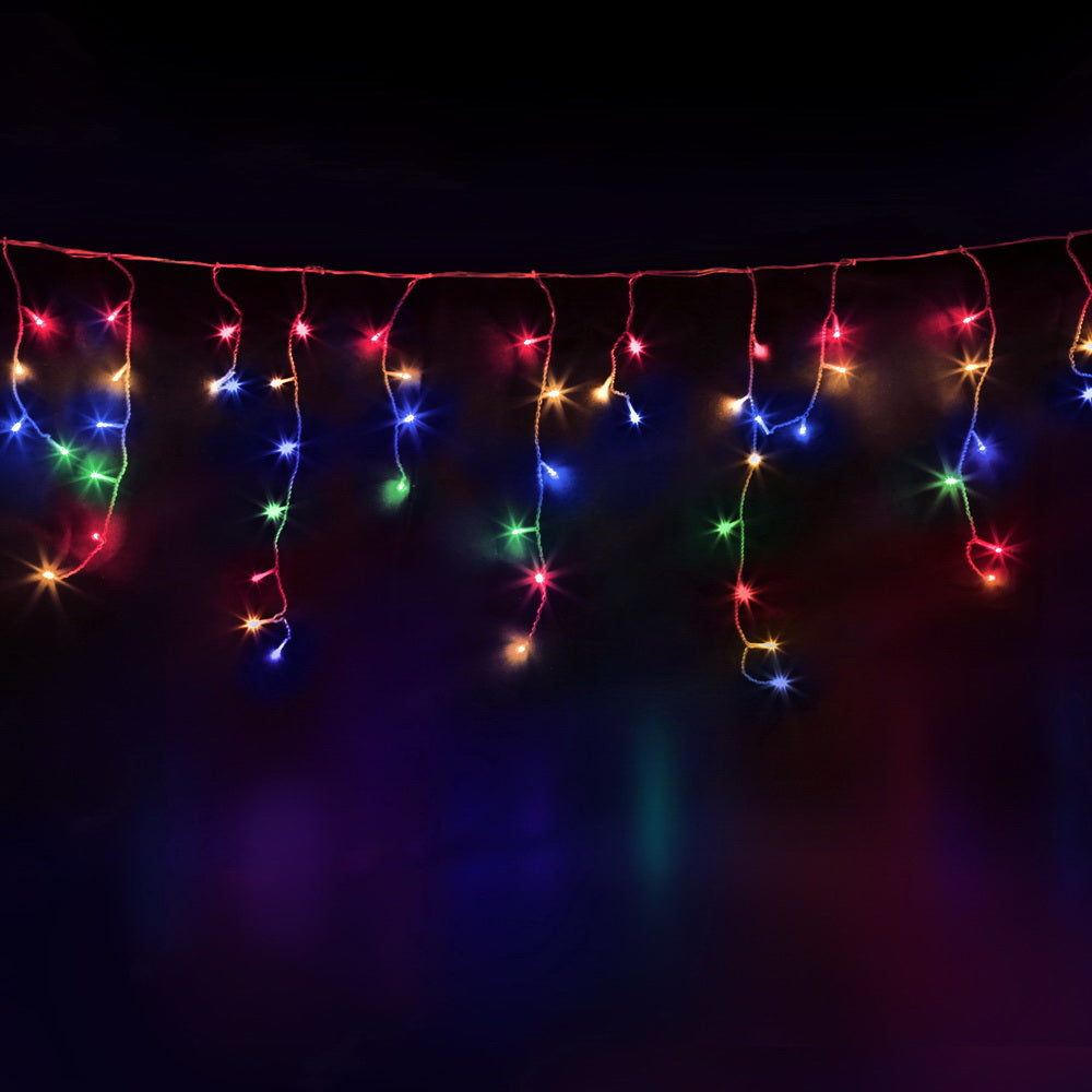 Icicle LED light curtain with multicolour hanging bulbs glowing