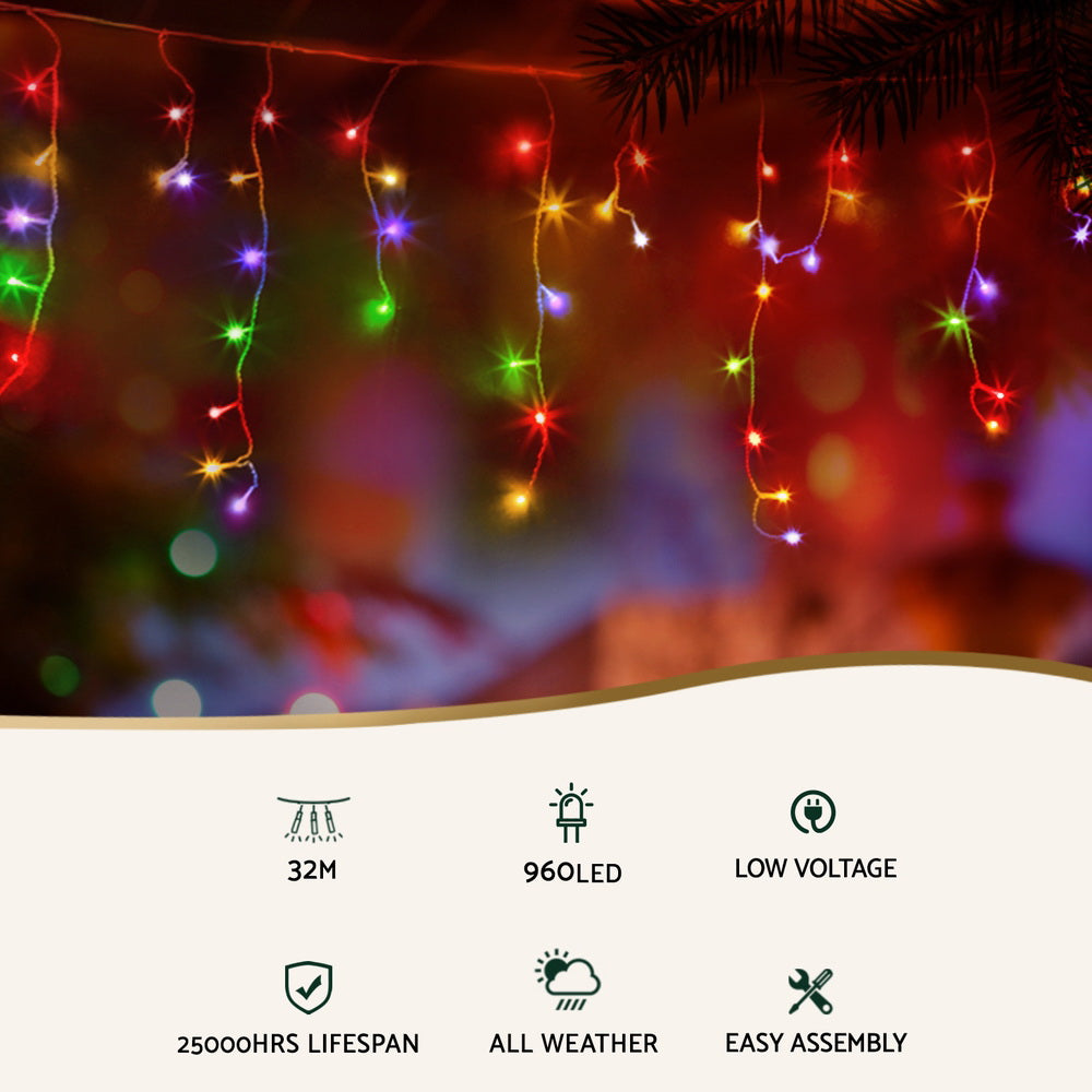 Multicolour icicle LED light curtain with glowing hanging bulbs