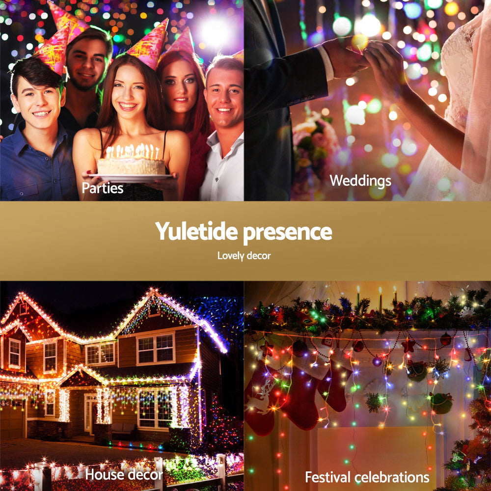Multicolour icicle LED lights on outdoor home decor and festive garlands