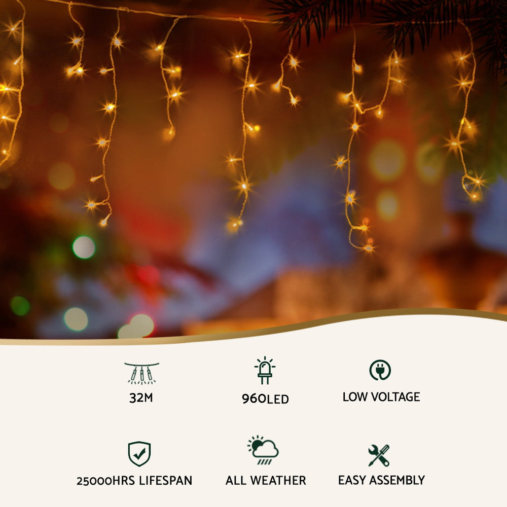 Warm white LED icicle string lights with small hanging drops