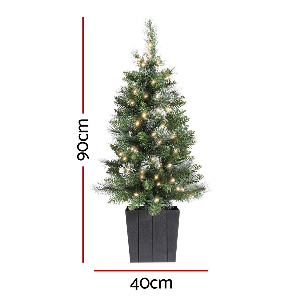 Potted Christmas tree with green needles and warm white LED lights, set in black pot