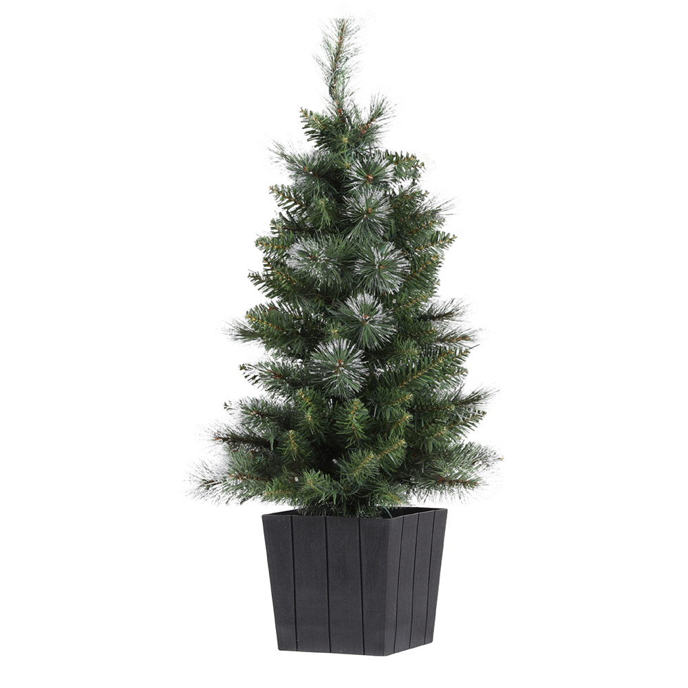 Potted Christmas tree with green needles and warm white LED lights, in black square planter