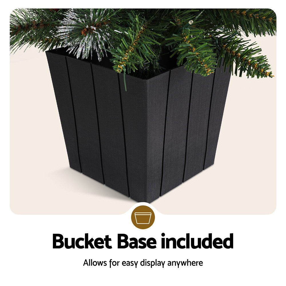 Black bucket planter base for a potted Christmas tree, with straight panel sides