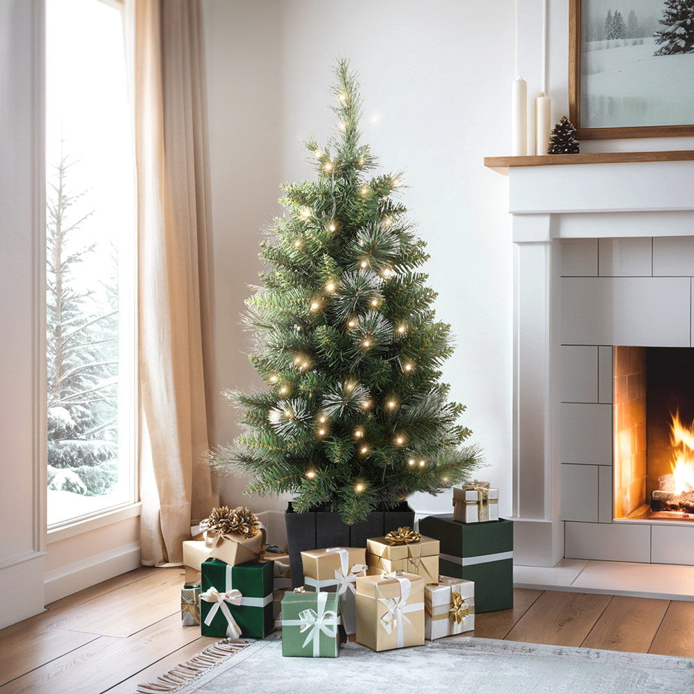 Potted Christmas tree with warm white LED lights next to wrapped presents