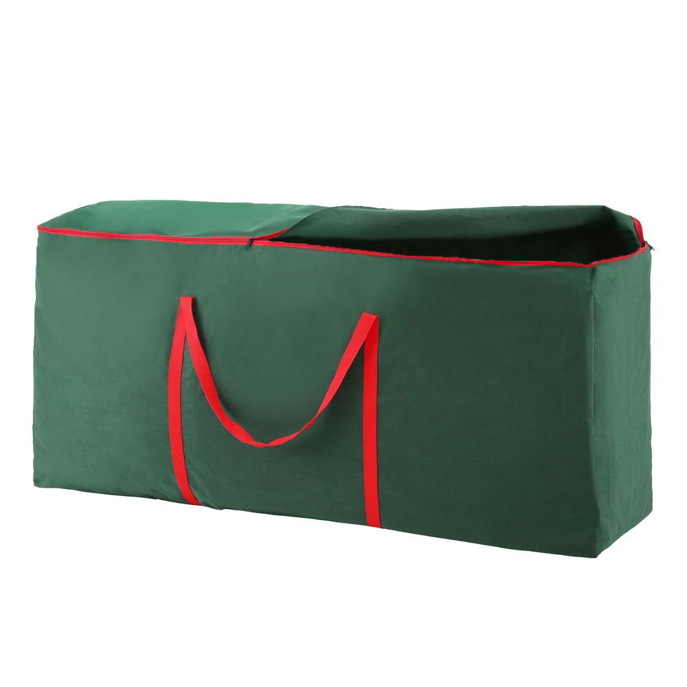 Green Christmas tree storage bag with red carry handles and top zipper