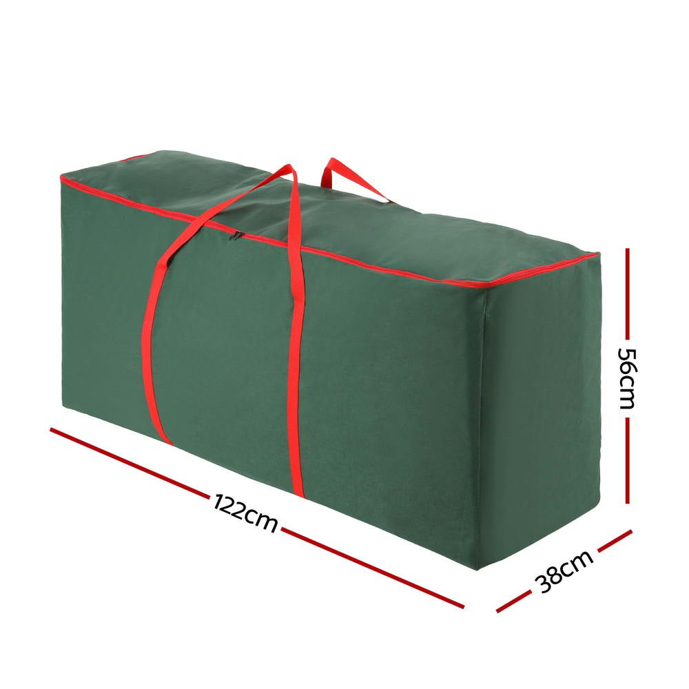 Green storage bag for an 8ft Christmas tree with red straps and zipper