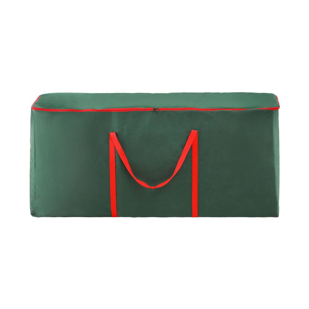 Green Christmas tree storage bag with red handles on front and zipped top