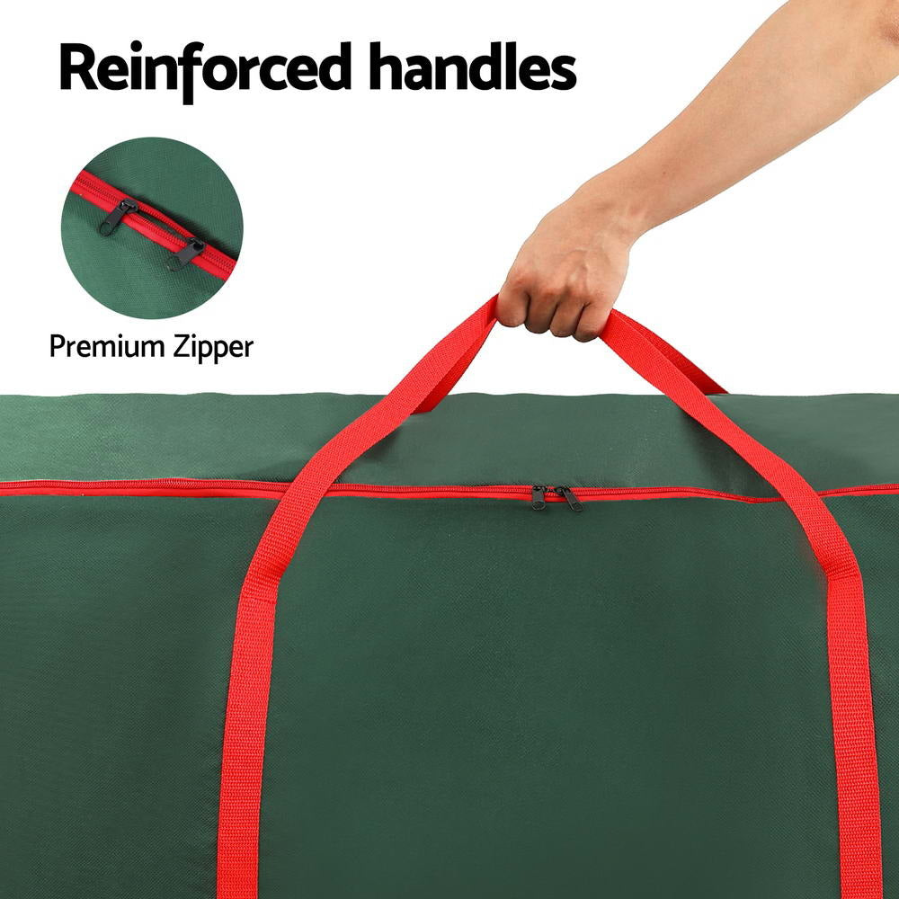 Green Christmas tree storage bag with reinforced handles and visible zipper